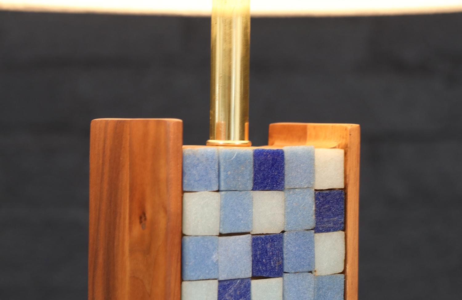 Expertly Restored - Mid-Century Sculpted Walnut Table Lamp w/ Blue Mosaic Tiles For Sale 2