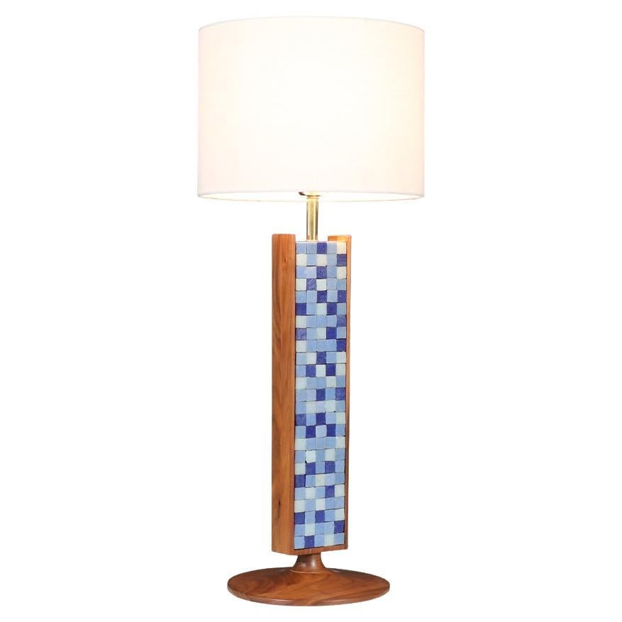 Expertly Restored - Mid-Century Sculpted Walnut Table Lamp w/ Blue Mosaic Tiles