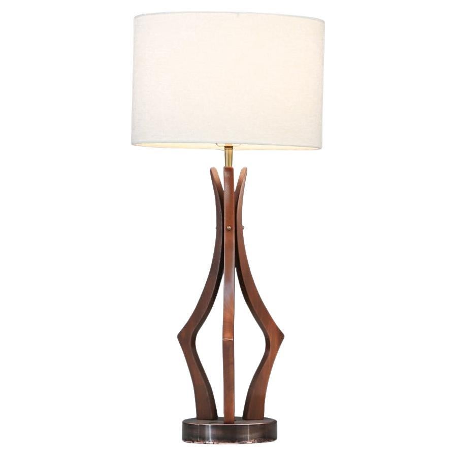 Expertly Restored - Mid-Century Sculpted Walnut with Brass Accent Table Lamp