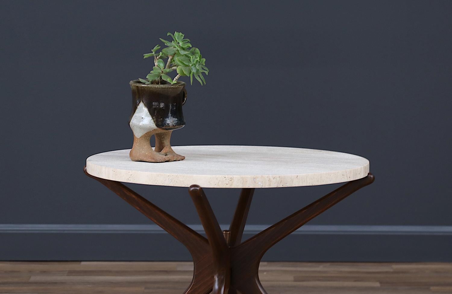 Expertly Restored - Mid-Century Sculptural Jax Side Table with Travertine Top In Excellent Condition In Los Angeles, CA