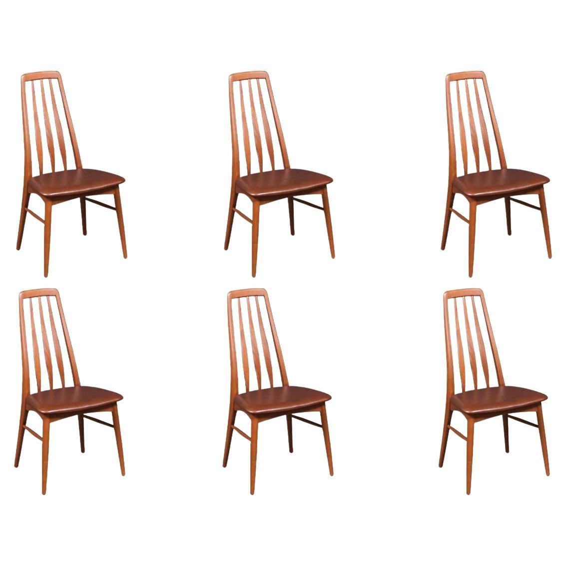 Sedie da pranzo in teak e pelle "Eva" di Niels Koefoed sapientemente restaurate per Koefoed in vendita