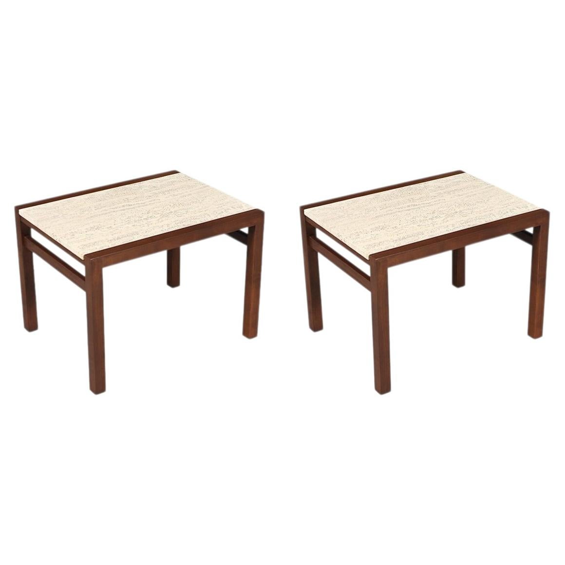 Expertly Restored - Pair of Californian Modern Travertine Top Side Tables