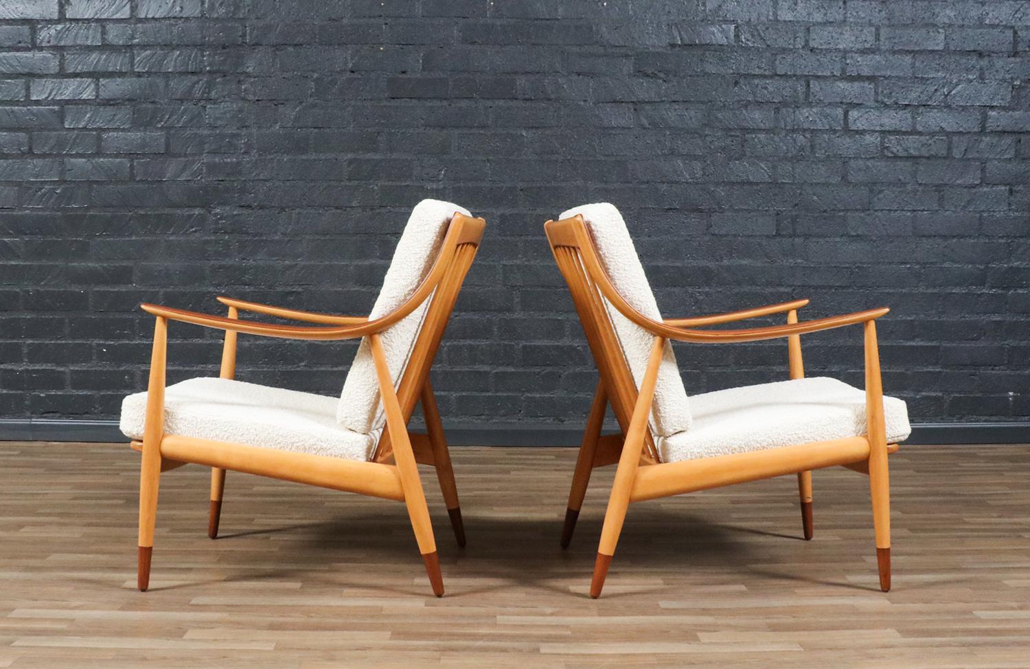 Fabric Expertly Restored - Peter Hvidt Model FD-146 Teak & Birch Lounge Chairs For Sale