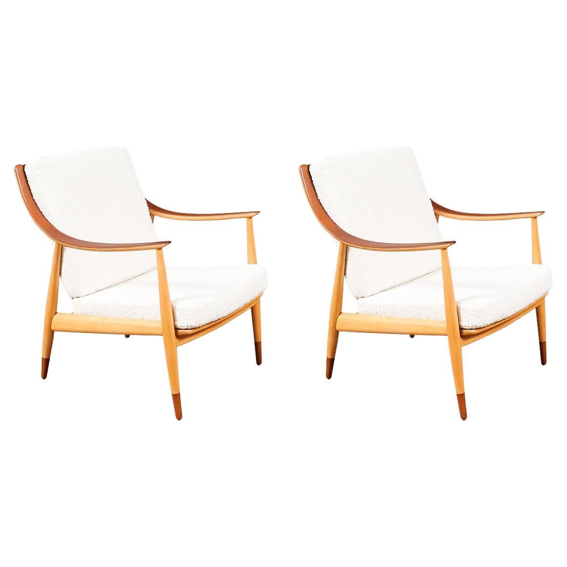Expertly Restored - Peter Hvidt Model FD-146 Teak & Birch Lounge Chairs For Sale