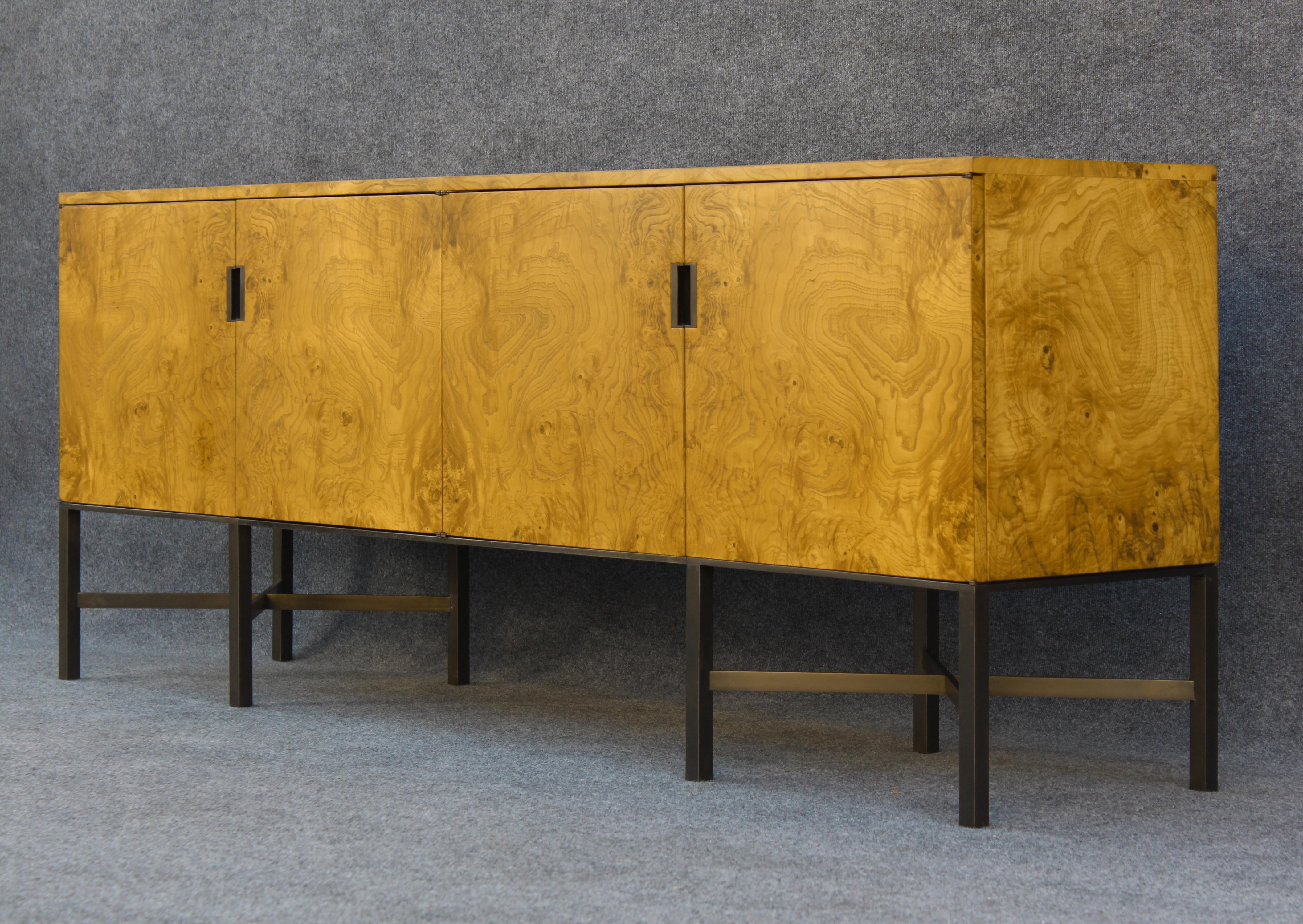 American Expertly Restored Roger Sprunger Dunbar Model #7111 Maple Burl Cabinet Sideboard For Sale