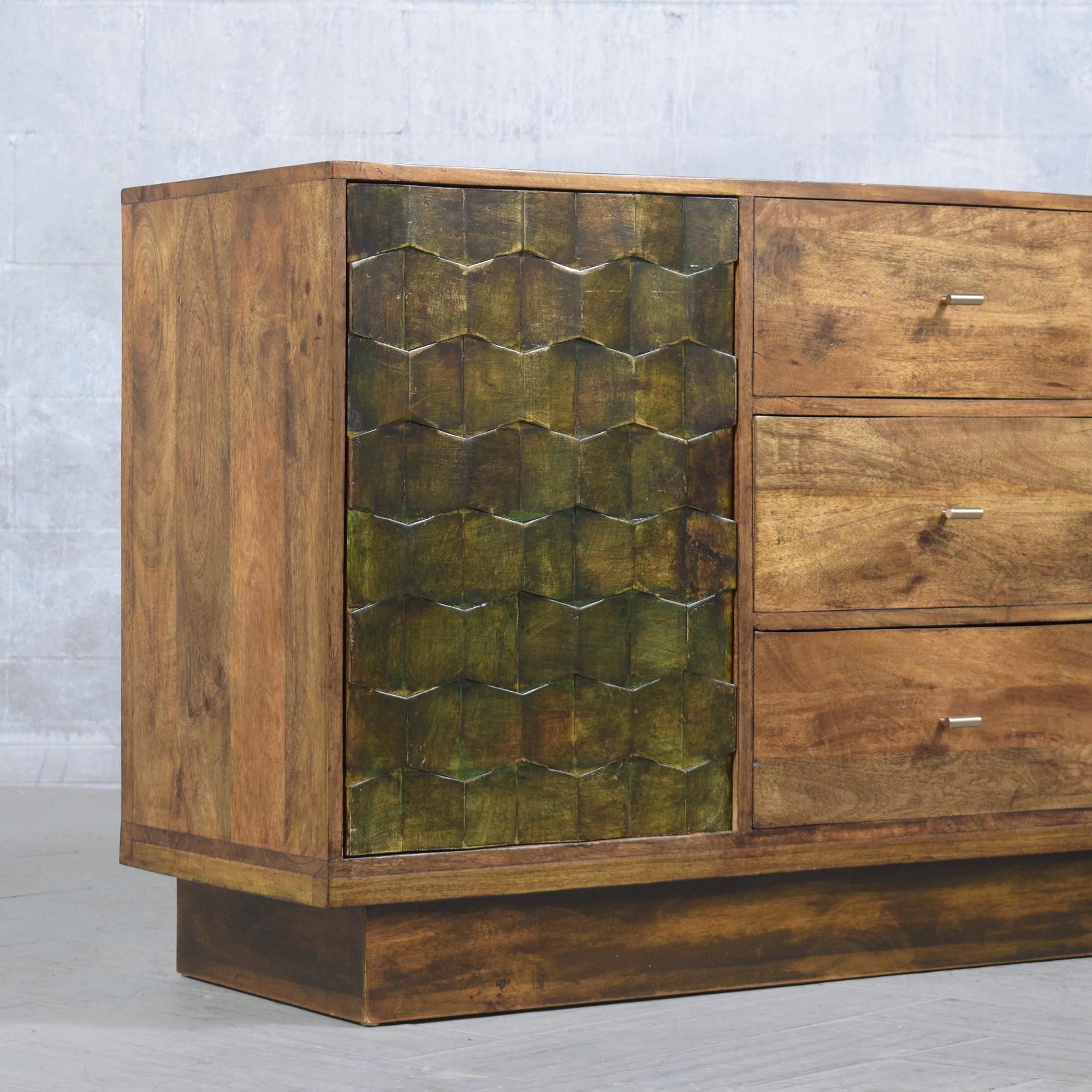 Carved Restored Teak Wood Credenza: Vintage Patina with Walnut & Green Stain Finish For Sale
