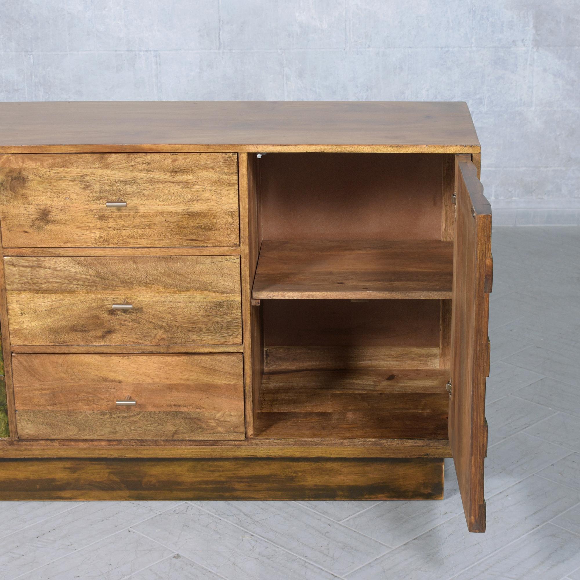 Restored Teak Wood Credenza: Vintage Patina with Walnut & Green Stain Finish For Sale 3