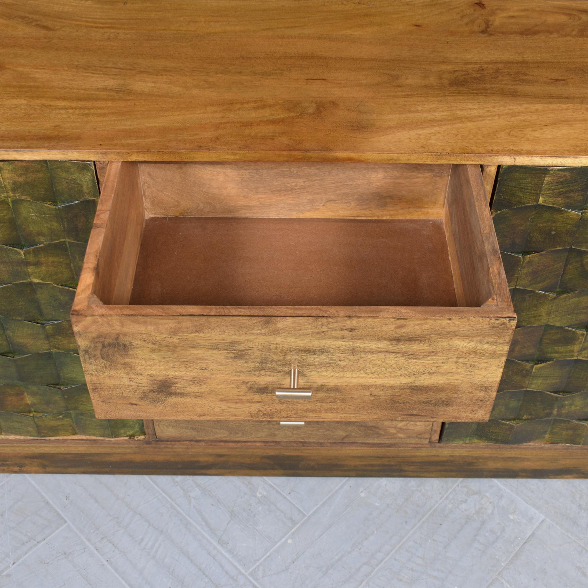 Restored Teak Wood Credenza: Vintage Patina with Walnut & Green Stain Finish For Sale 4