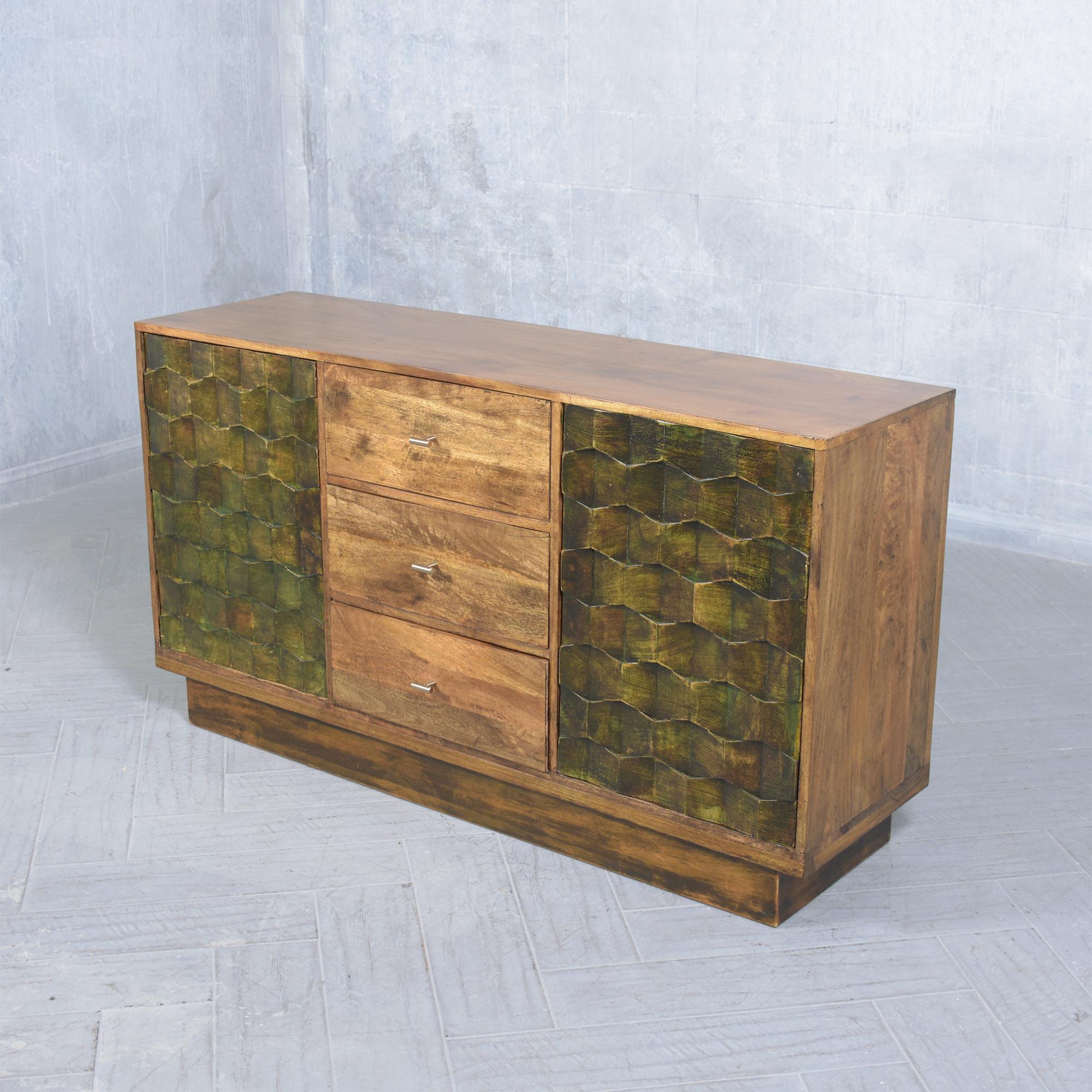 Restored Teak Wood Credenza: Vintage Patina with Walnut & Green Stain Finish For Sale 5
