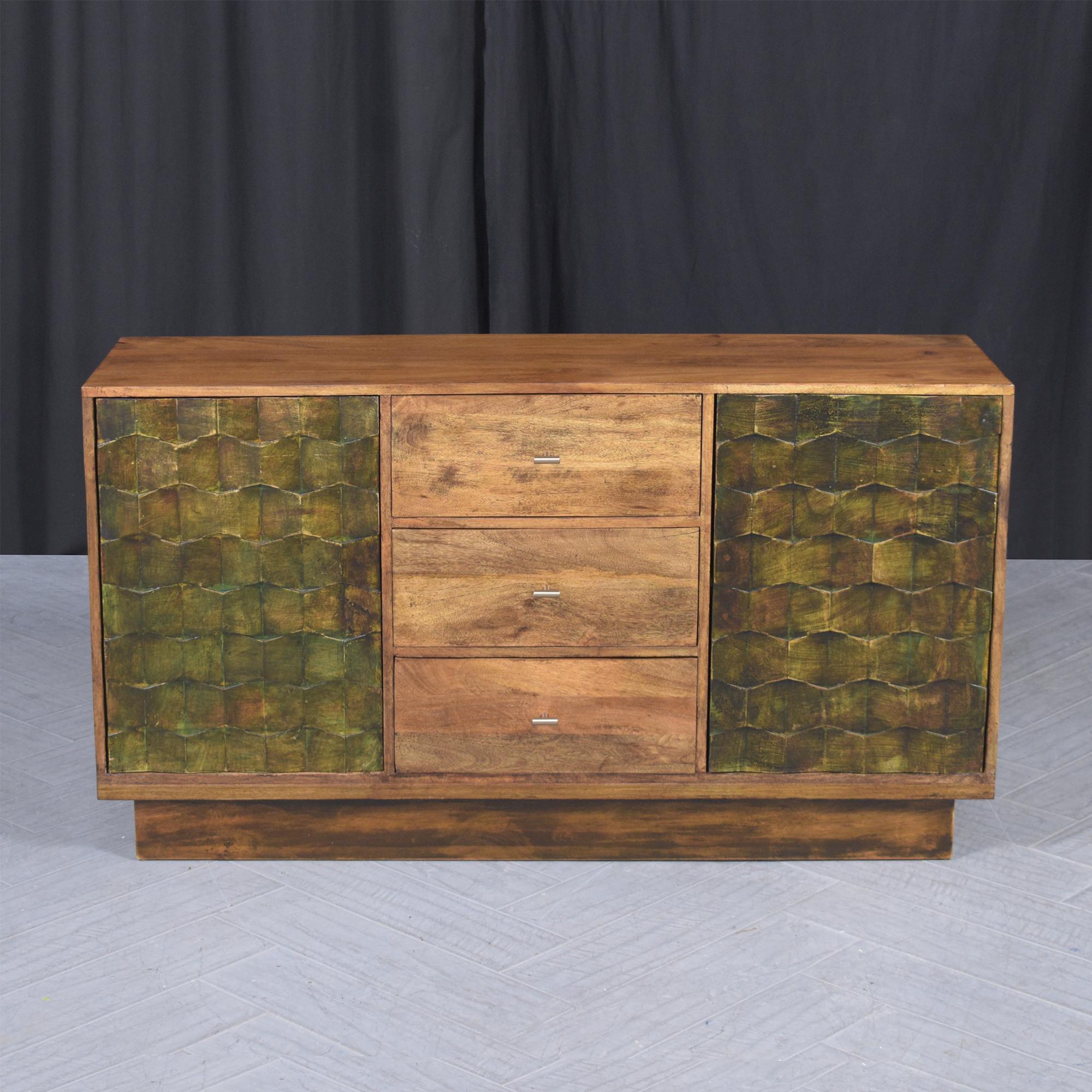 Late 20th Century Restored Teak Wood Credenza: Vintage Patina with Walnut & Green Stain Finish For Sale