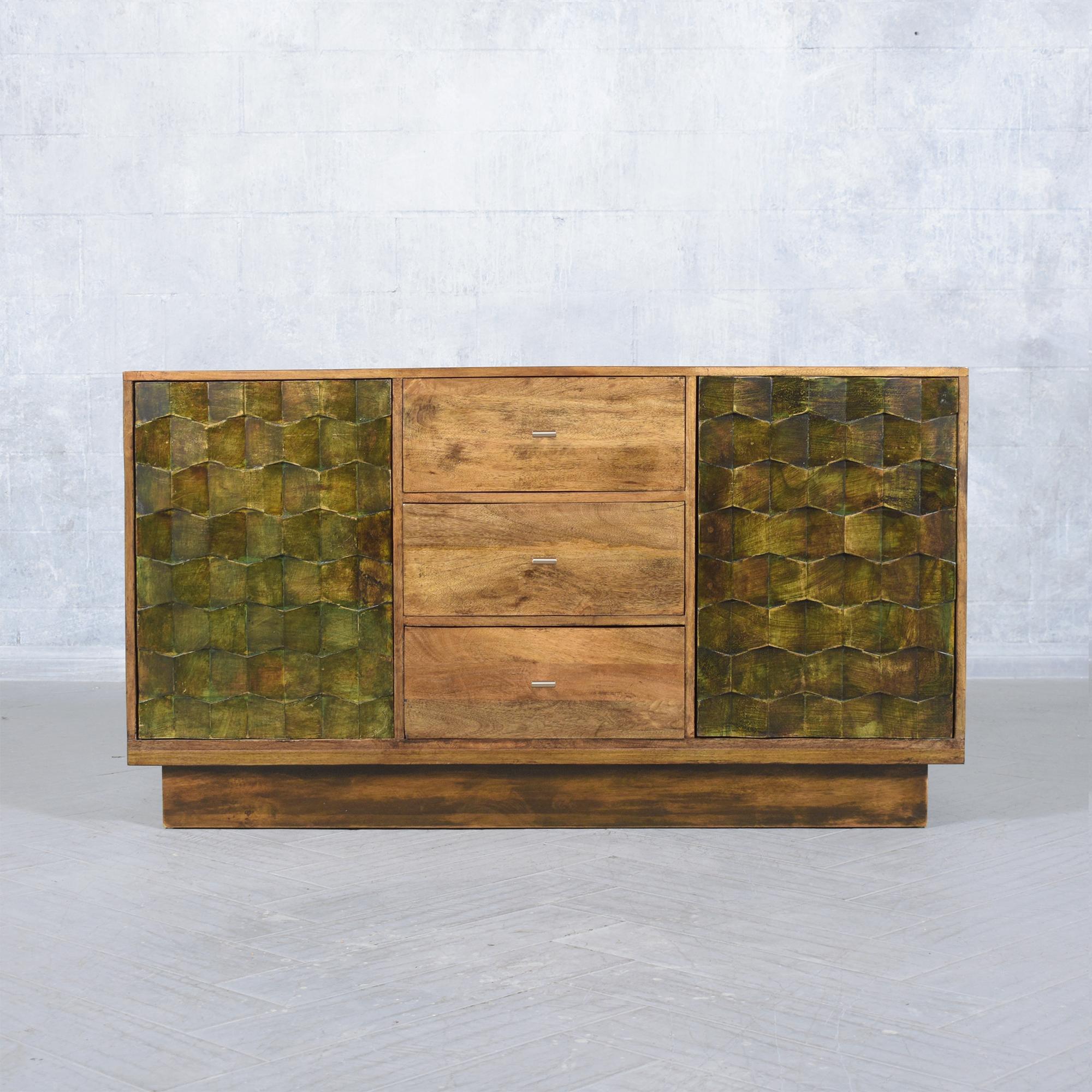 Paint Restored Teak Wood Credenza: Vintage Patina with Walnut & Green Stain Finish For Sale