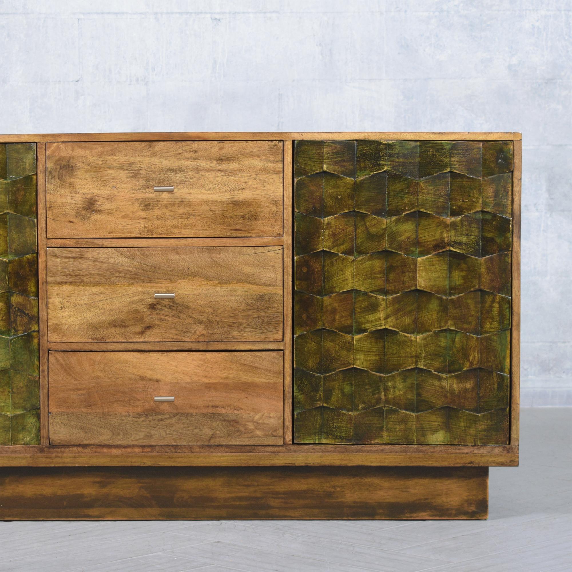 Restored Teak Wood Credenza: Vintage Patina with Walnut & Green Stain Finish For Sale 1