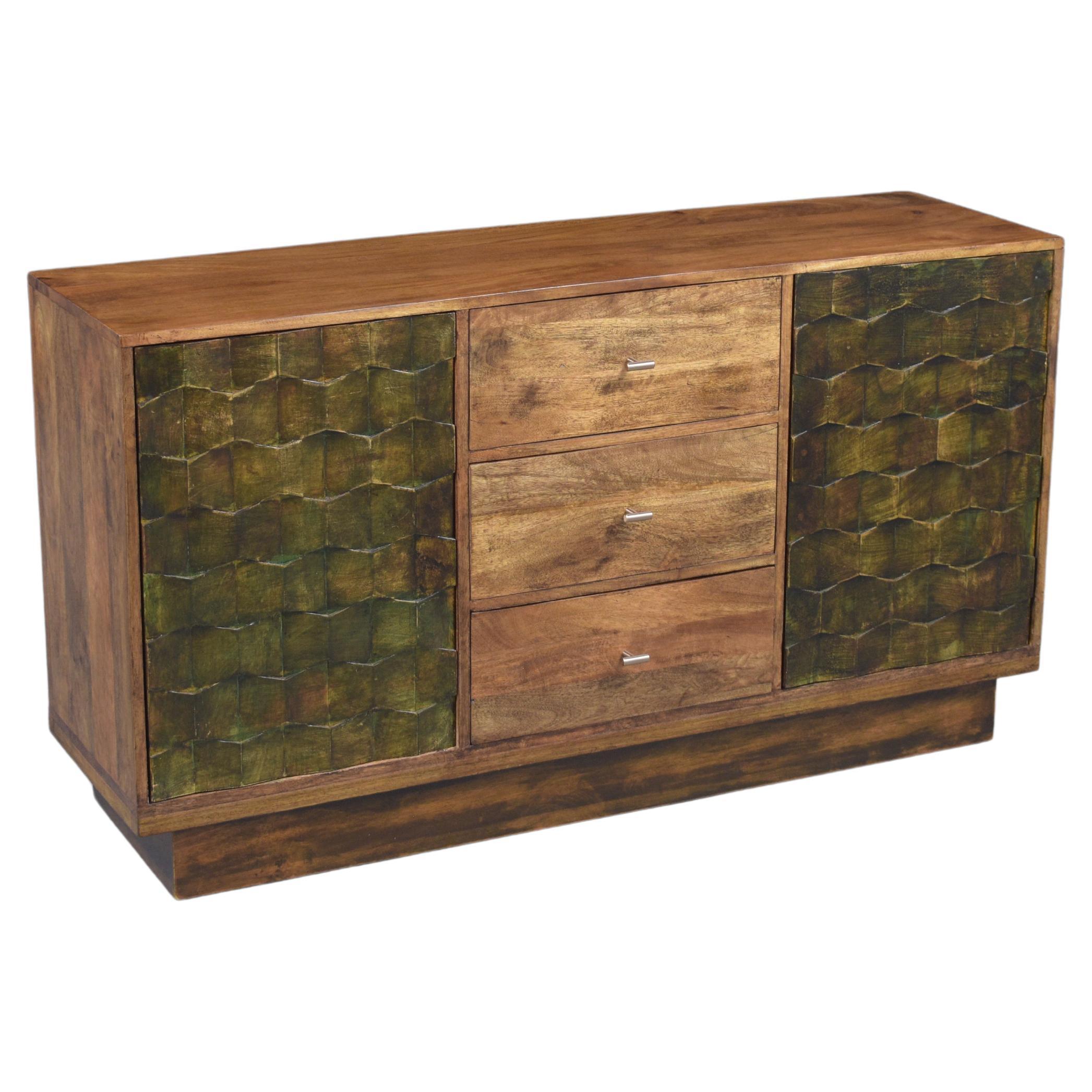 Restored Teak Wood Credenza: Vintage Patina with Walnut & Green Stain Finish