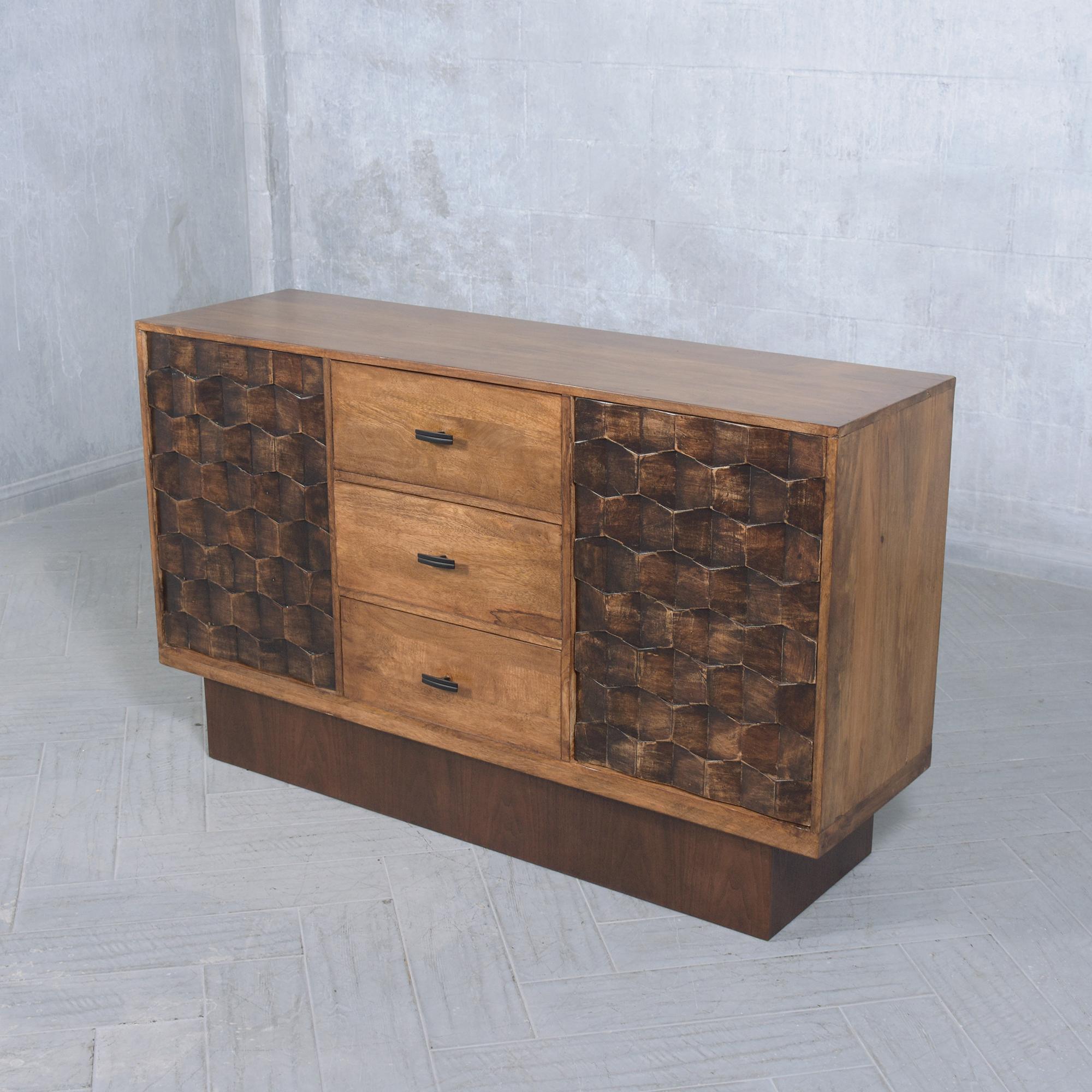 Unveiling our Solid Teak Wood Credenza, a blend of classic craftsmanship and contemporary design. Having undergone a comprehensive restoration process under the skilled hands of our seasoned craftsmen, this mid-century gem is a statement piece that