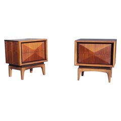Expertly Restored United Furniture Walnut Diamond Pair Nightstands MCM 1960s