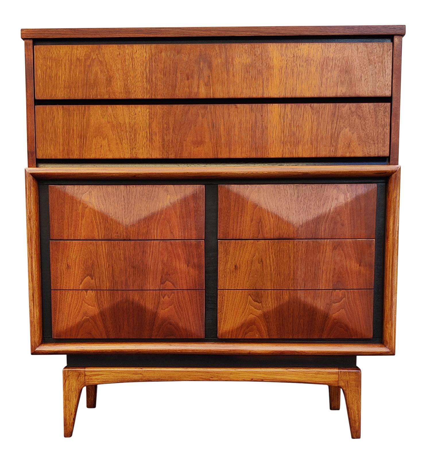 Mid-Century Modern Expertly Restored United Furniture Walnut Diamond Tall Dresser Mid-Century 1960s