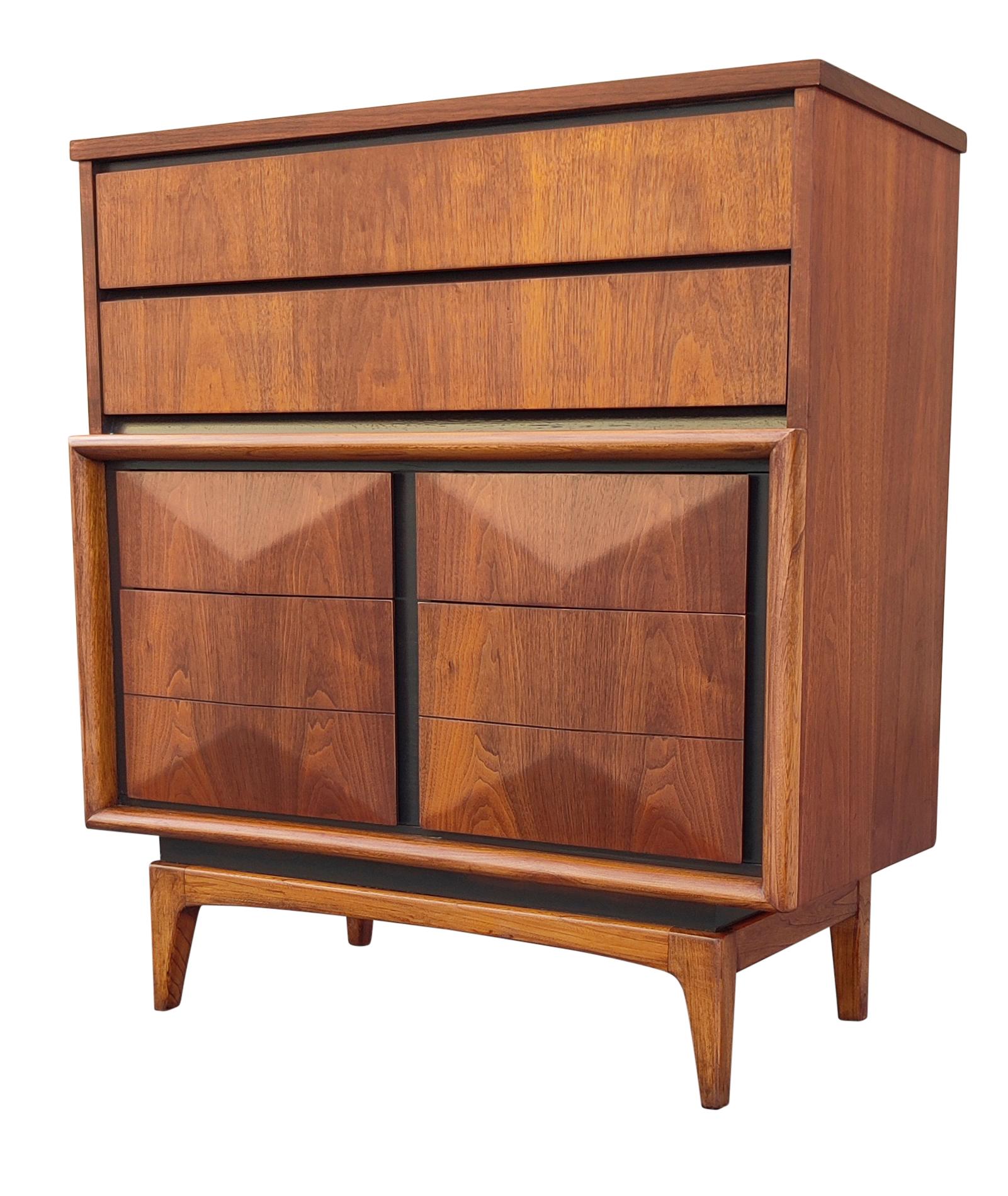 American Expertly Restored United Furniture Walnut Diamond Tall Dresser Mid-Century 1960s