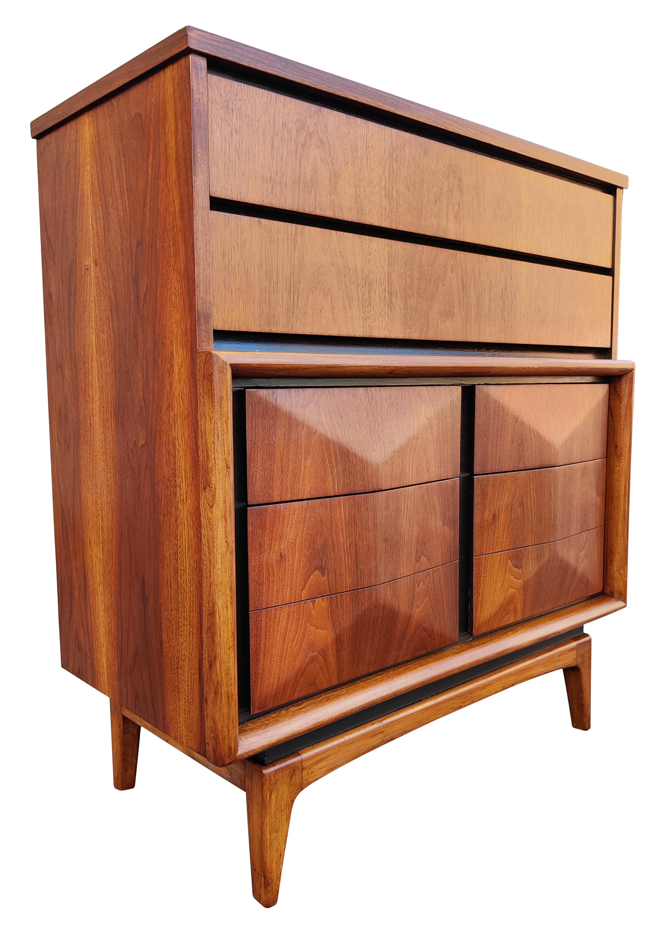 Expertly Restored United Furniture Walnut Diamond Tall Dresser Mid-Century 1960s 2