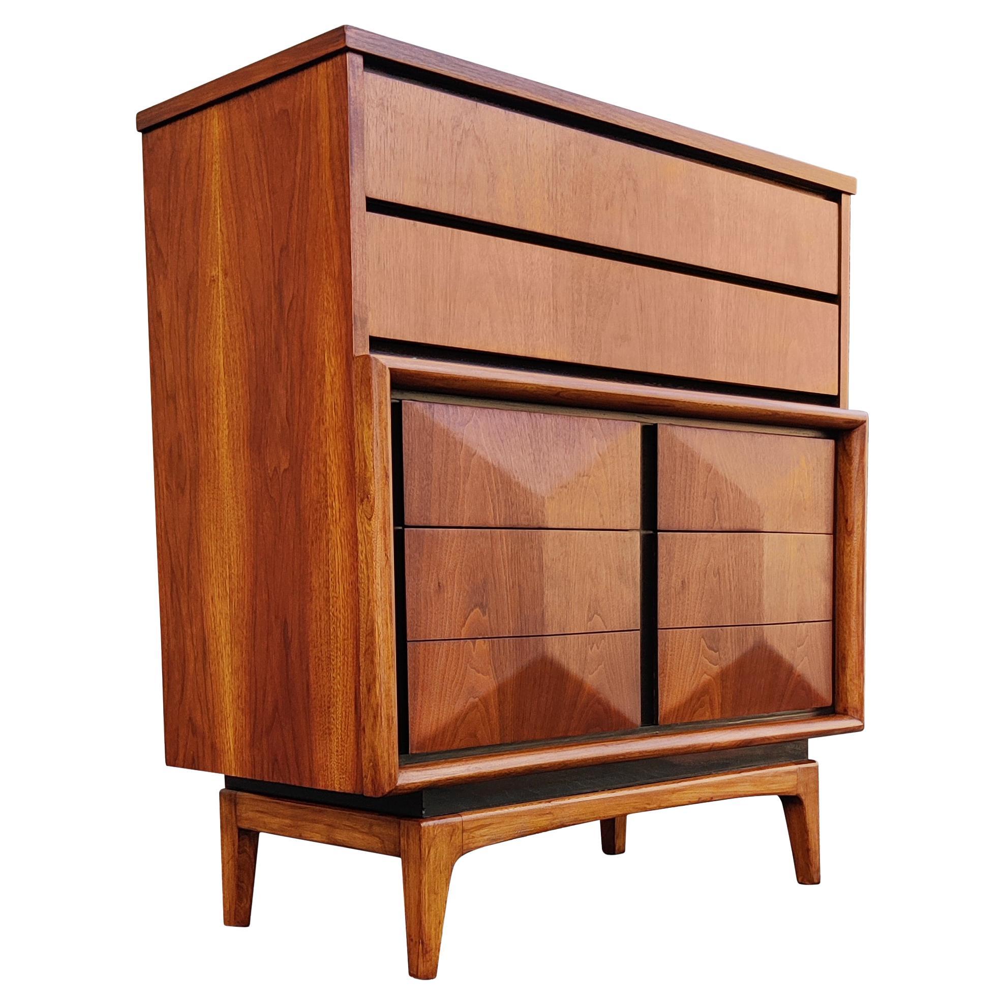 Expertly Restored United Furniture Walnut Diamond Tall Dresser Mid-Century 1960s