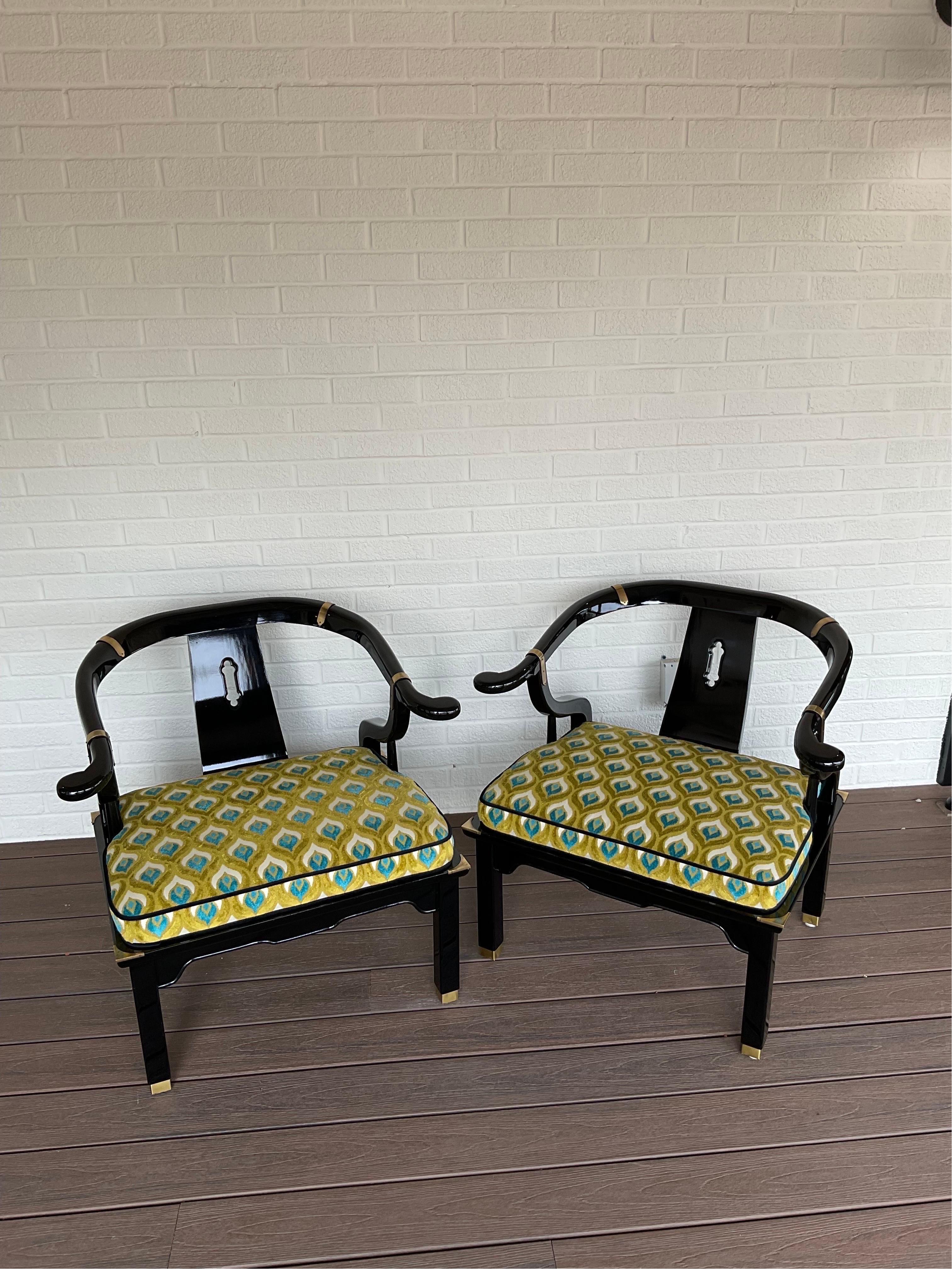 A rich, decadent black lacquered finish wraps these beautiful chairs by Century Furniture in the style of James Mont. freshly upholstered with new everything and finished with a spectacular Hamilton cut velvet

Condition Disclosure:
Please