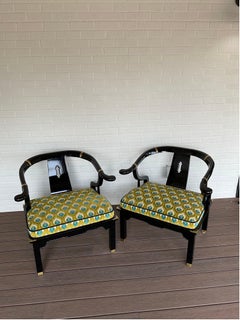 Expertly Reupholstered Black Lacquered Chinoiserie Chairs by Century Furniture