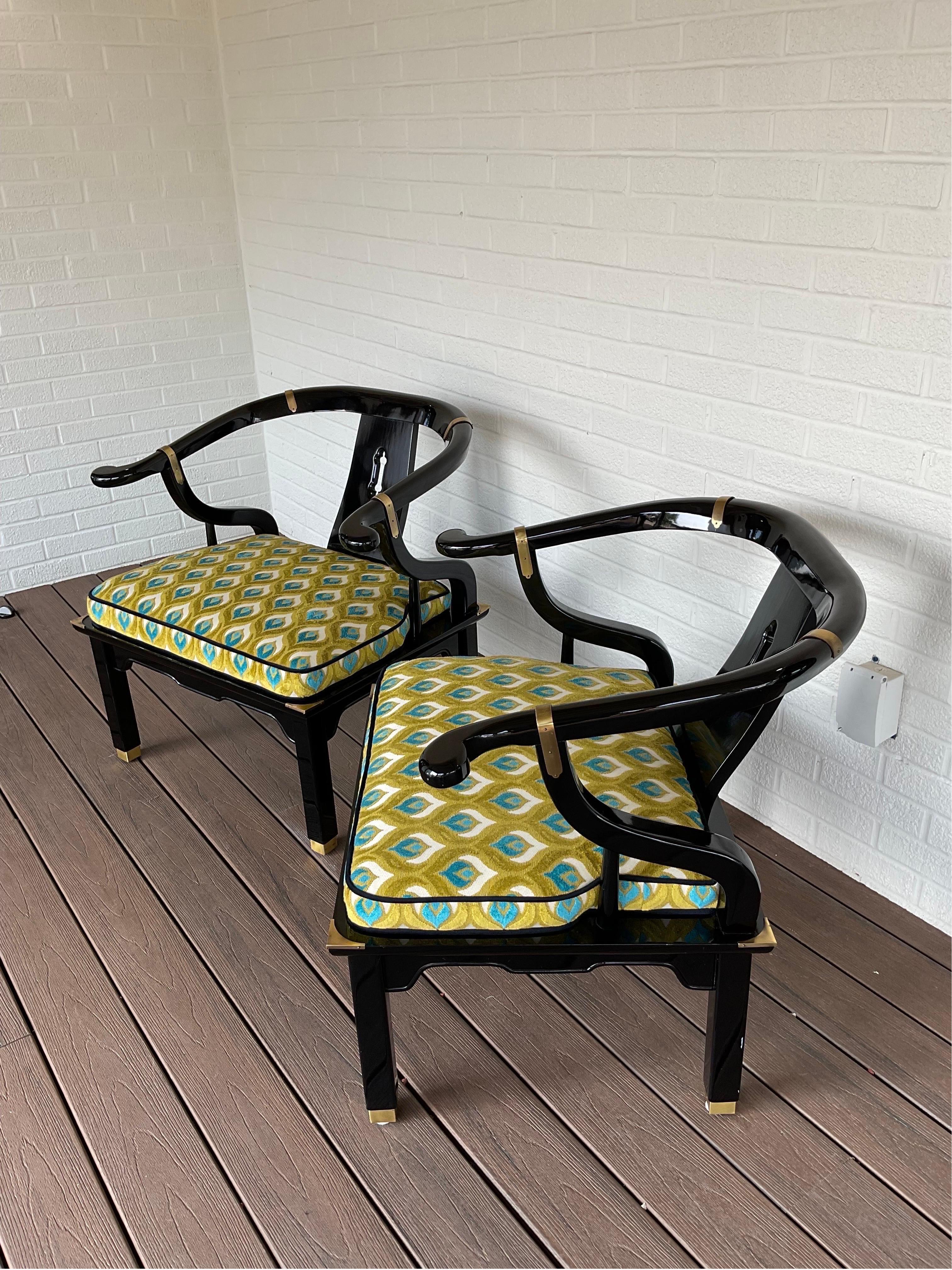 American Expertly Reupholstered Black Lacquered Chinoiserie Chairs by Century Furniture For Sale
