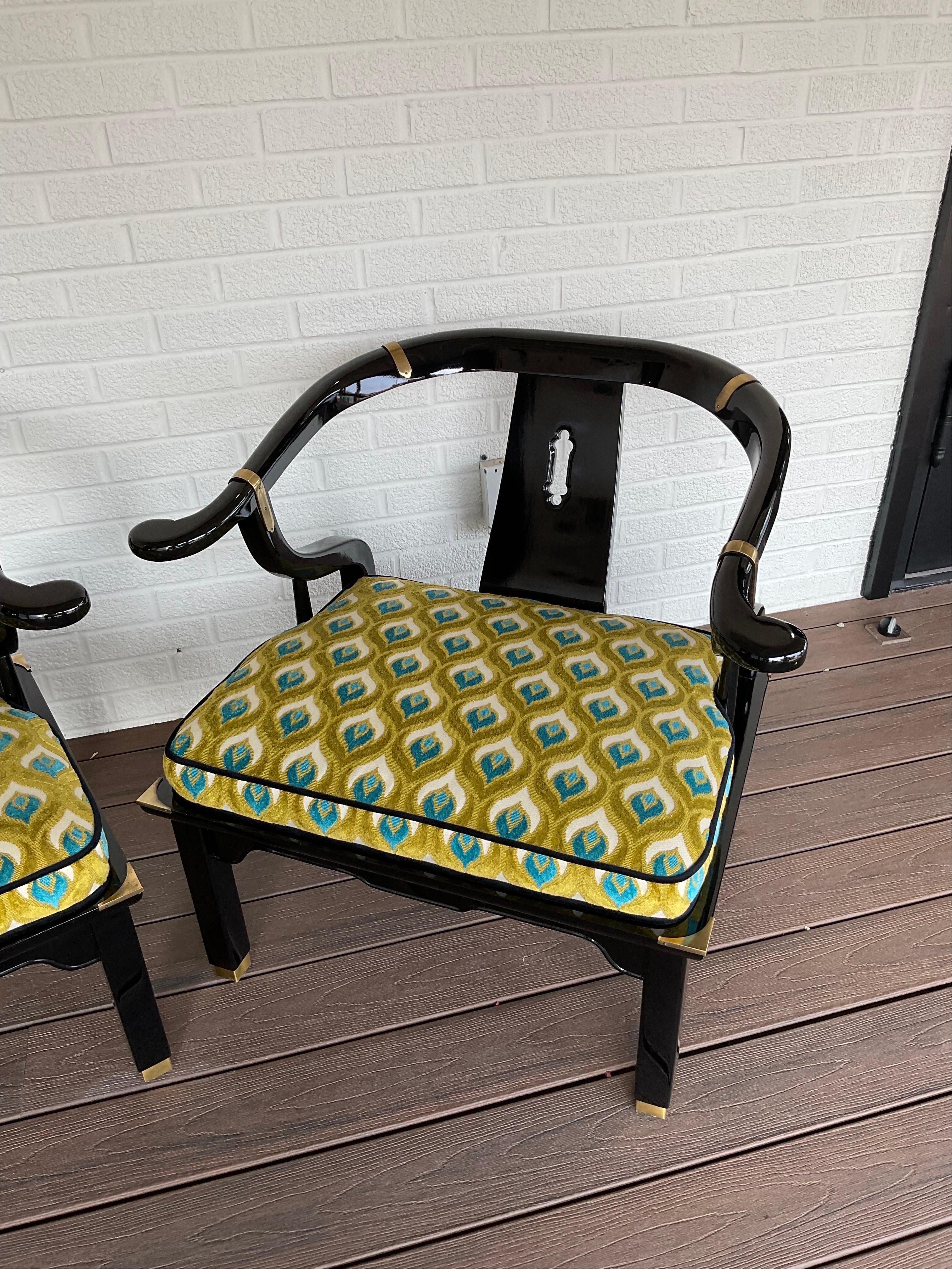 Expertly Reupholstered Black Lacquered Chinoiserie Chairs by Century Furniture In Excellent Condition For Sale In Hartville, OH