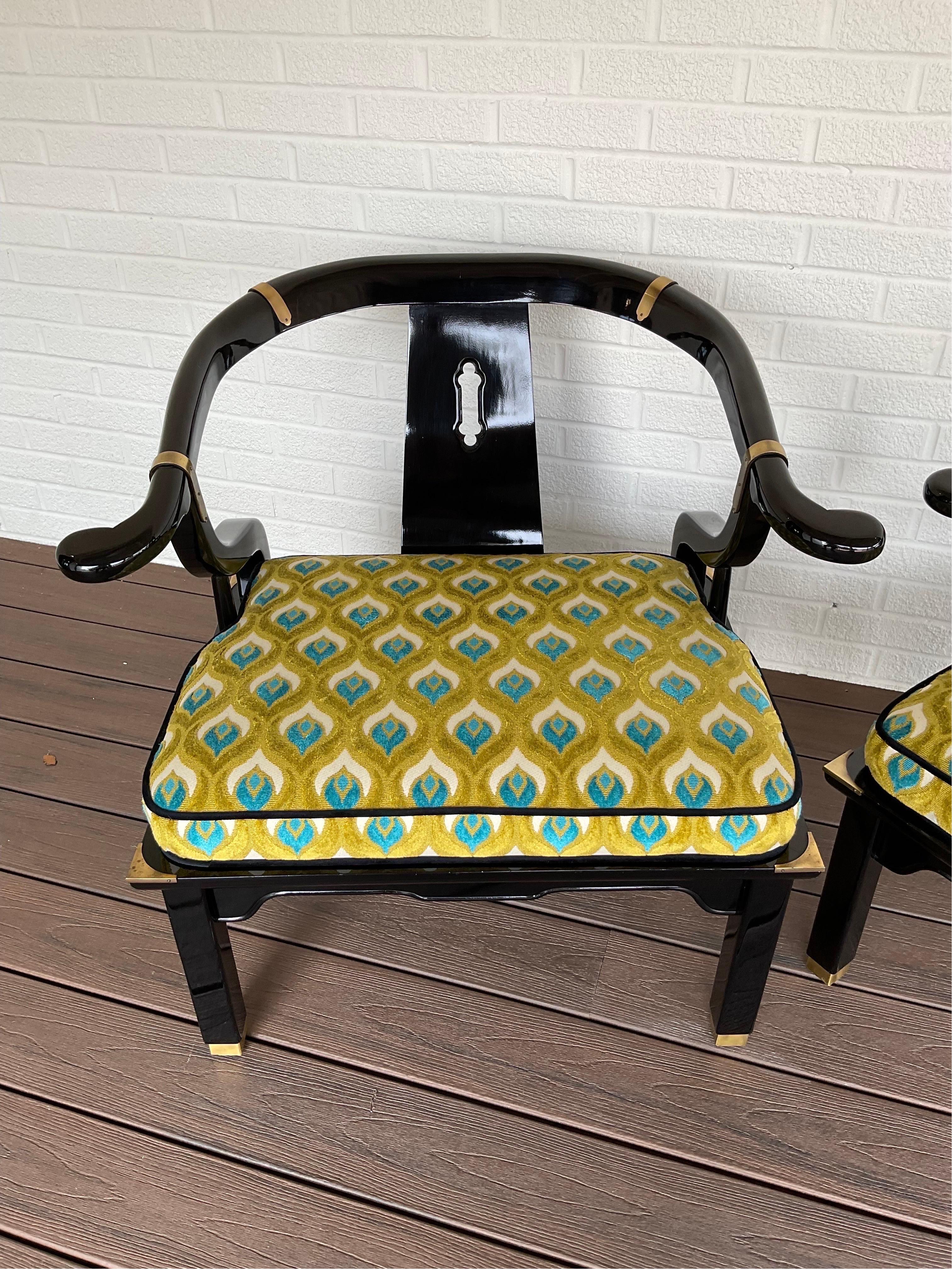 Late 20th Century Expertly Reupholstered Black Lacquered Chinoiserie Chairs by Century Furniture For Sale