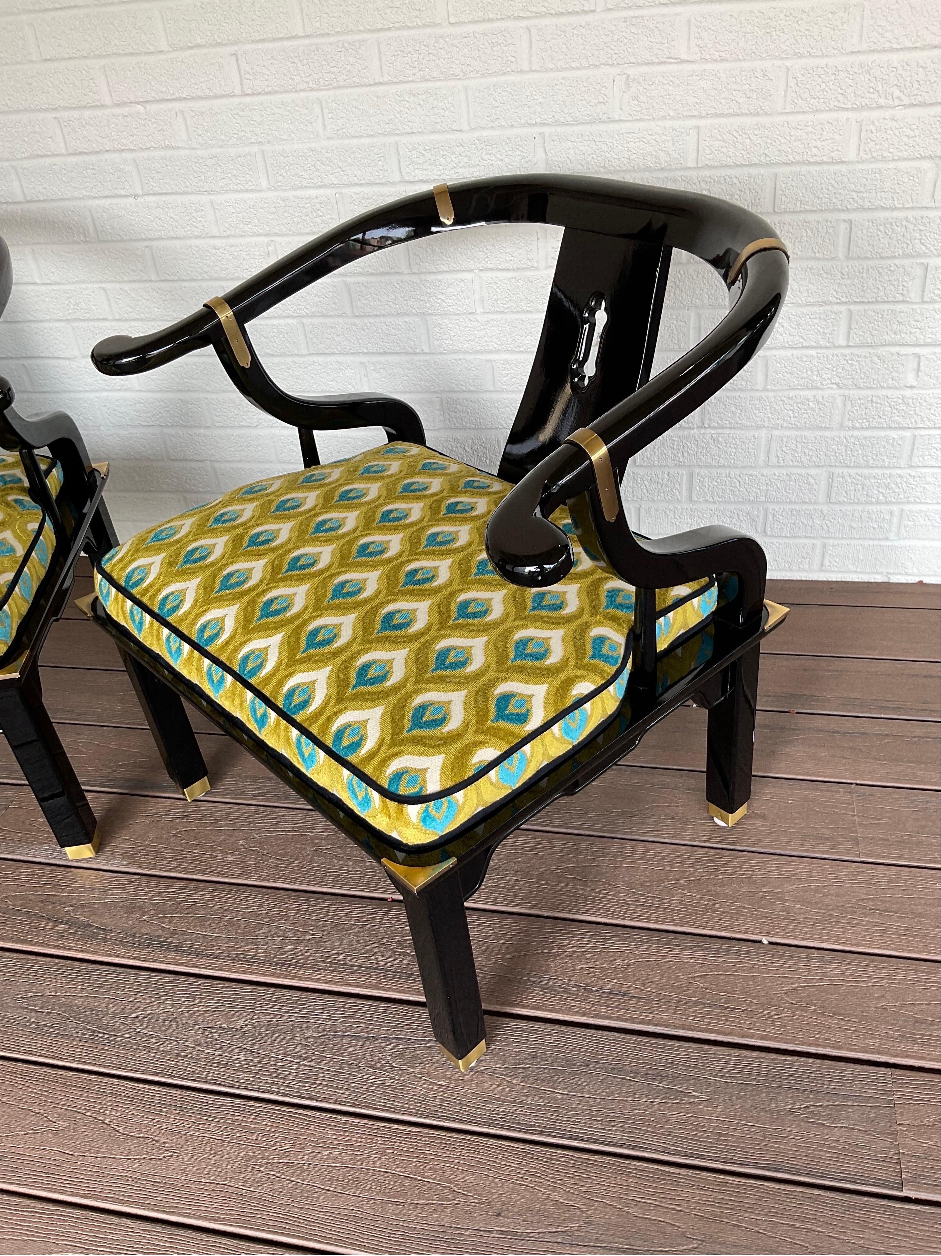 Expertly Reupholstered Black Lacquered Chinoiserie Chairs by Century Furniture For Sale 1