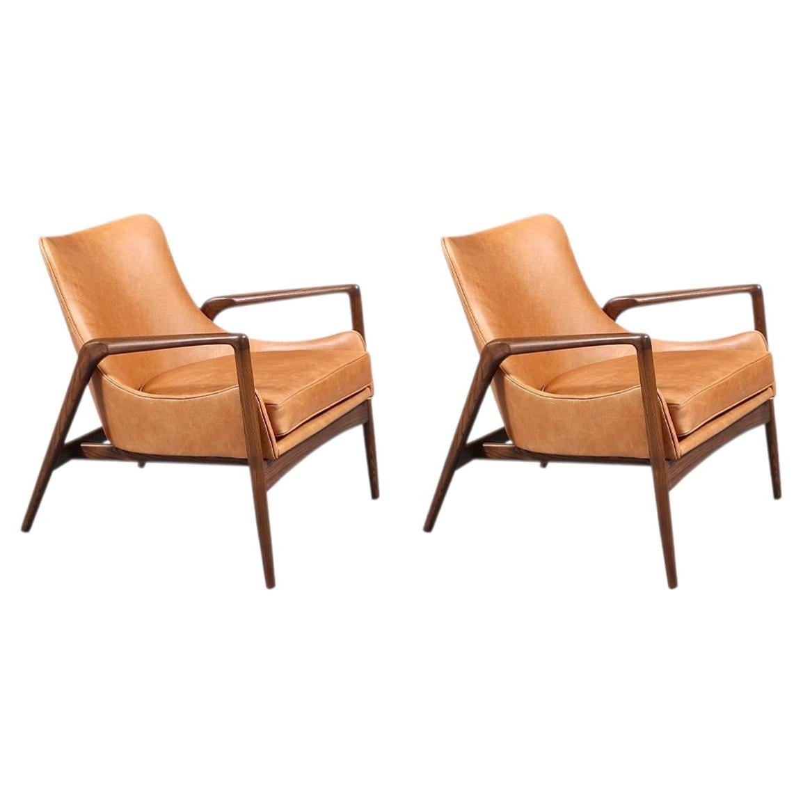 ExpertlyRestored-Danish Modern Leather Sculpted Lounge Chairs by Ib Kofod-Larsen