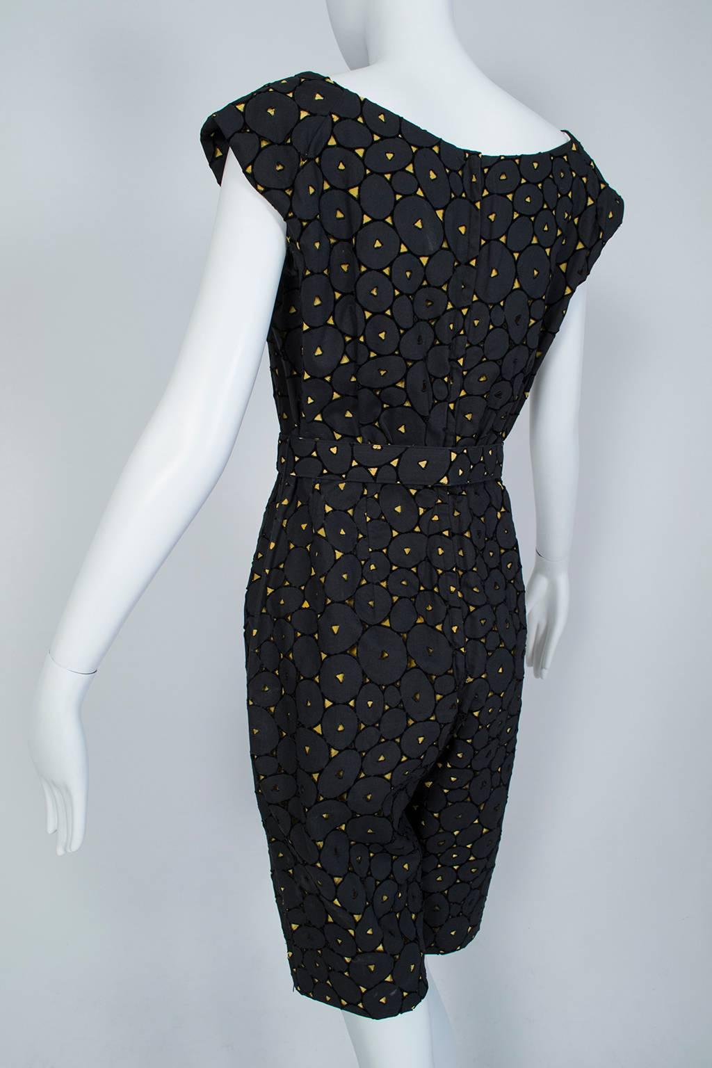 Black and Gold Eyelet Shorts Romper with Sheer Hostess Overskirt - Medium, 1950s 3