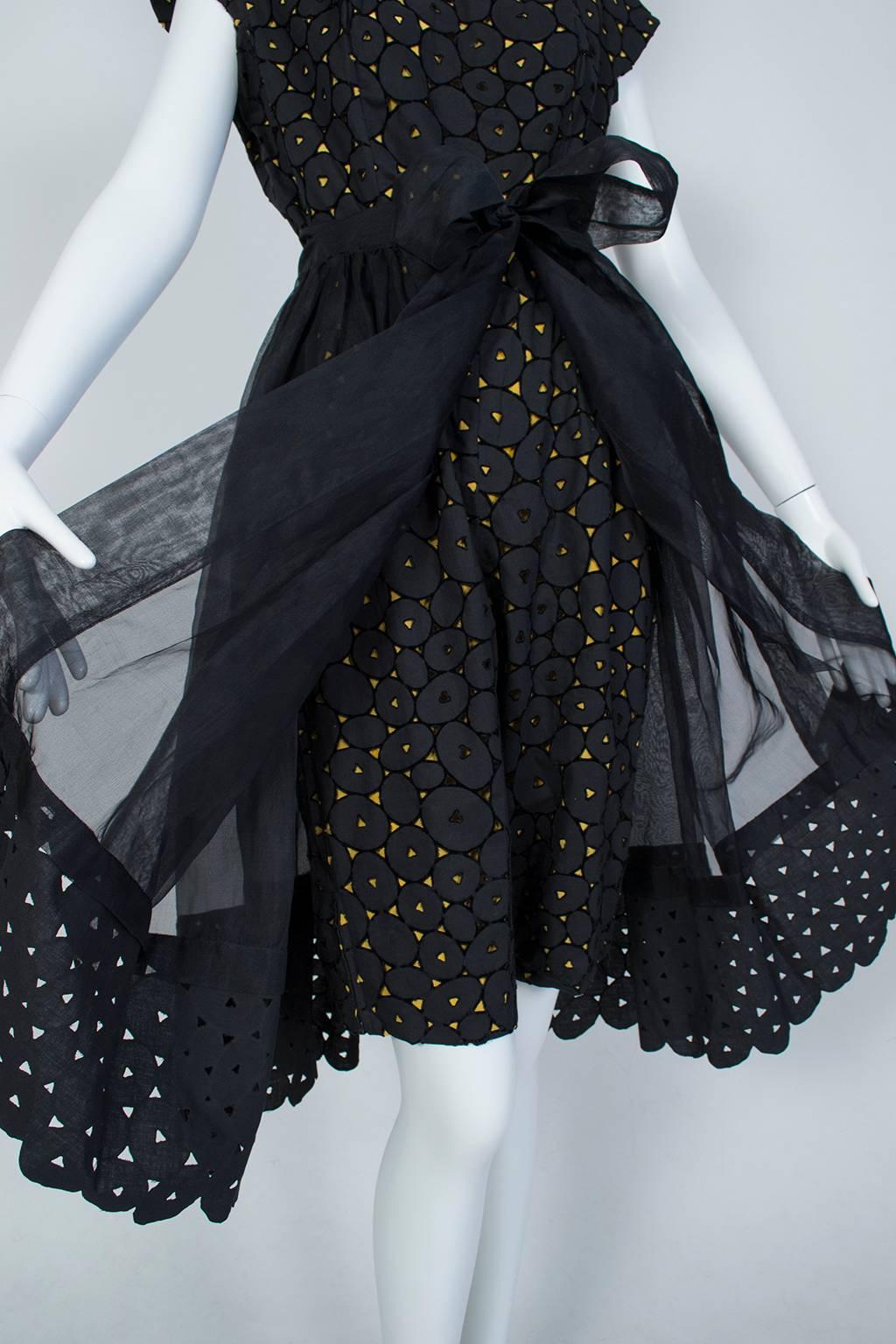 Black and Gold Eyelet Shorts Romper with Sheer Hostess Overskirt - Medium, 1950s 6