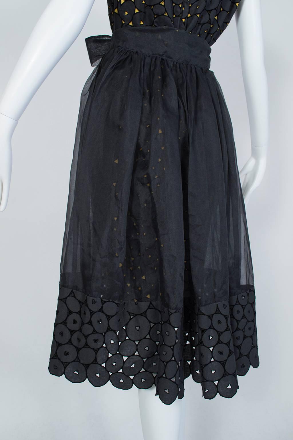 Black and Gold Eyelet Shorts Romper with Sheer Hostess Overskirt - Medium, 1950s 8