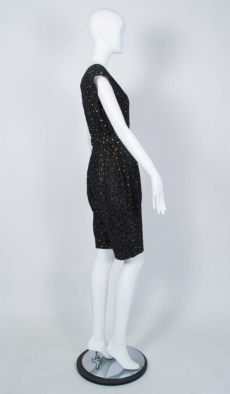 Black and Gold Eyelet Shorts Romper with Sheer Hostess Overskirt - Medium, 1950s In Good Condition In Tucson, AZ