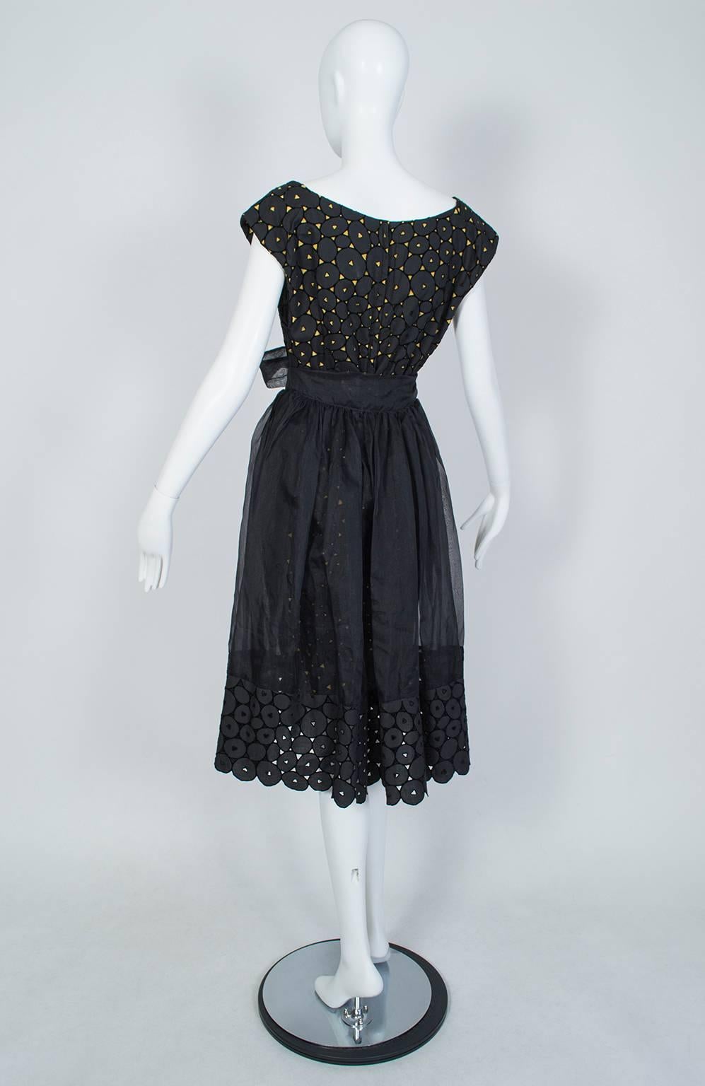 Women's Black and Gold Eyelet Shorts Romper with Sheer Hostess Overskirt - Medium, 1950s