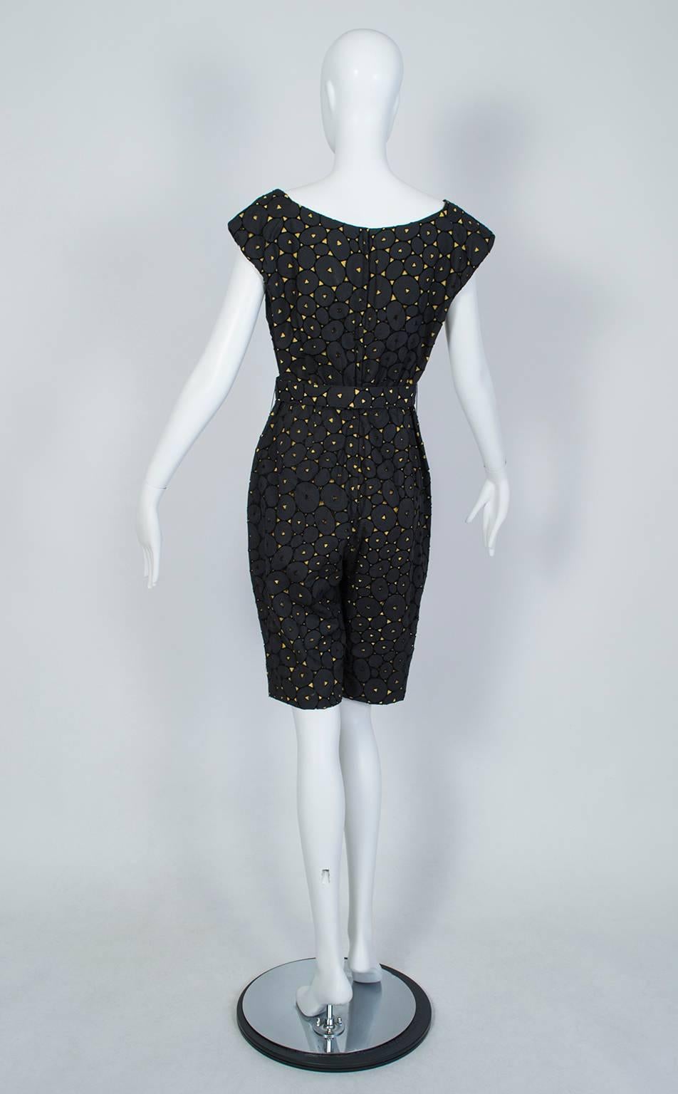 Black and Gold Eyelet Shorts Romper with Sheer Hostess Overskirt - Medium, 1950s 1
