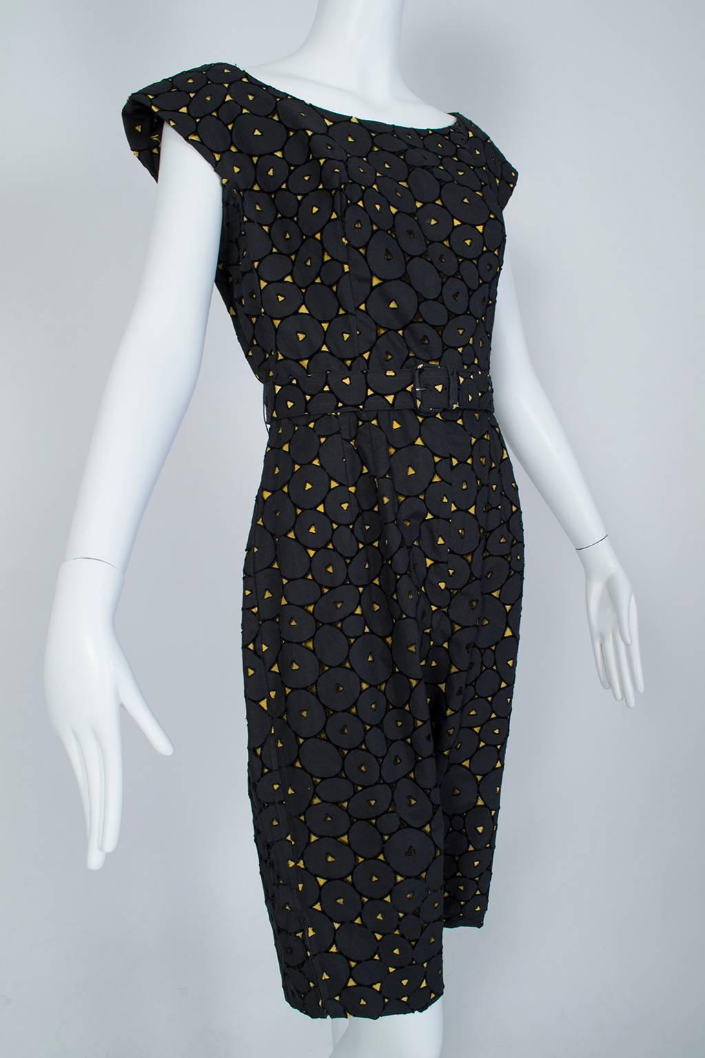 Black and Gold Eyelet Shorts Romper with Sheer Hostess Overskirt - Medium, 1950s 2