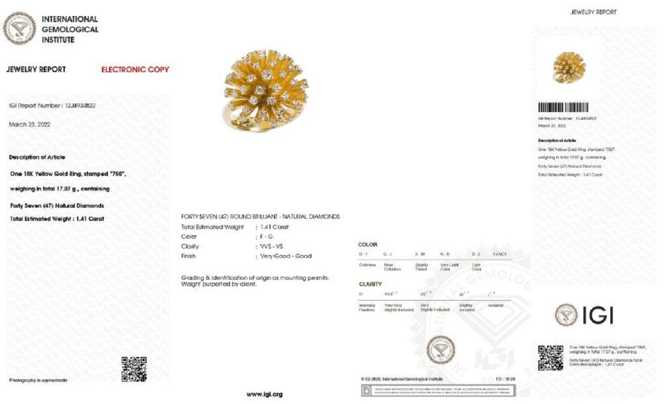 Exploding Sun  Unique 18K Yellow Gold Ring W/ 1.41 Natural Diamonds, IGI Cert 3