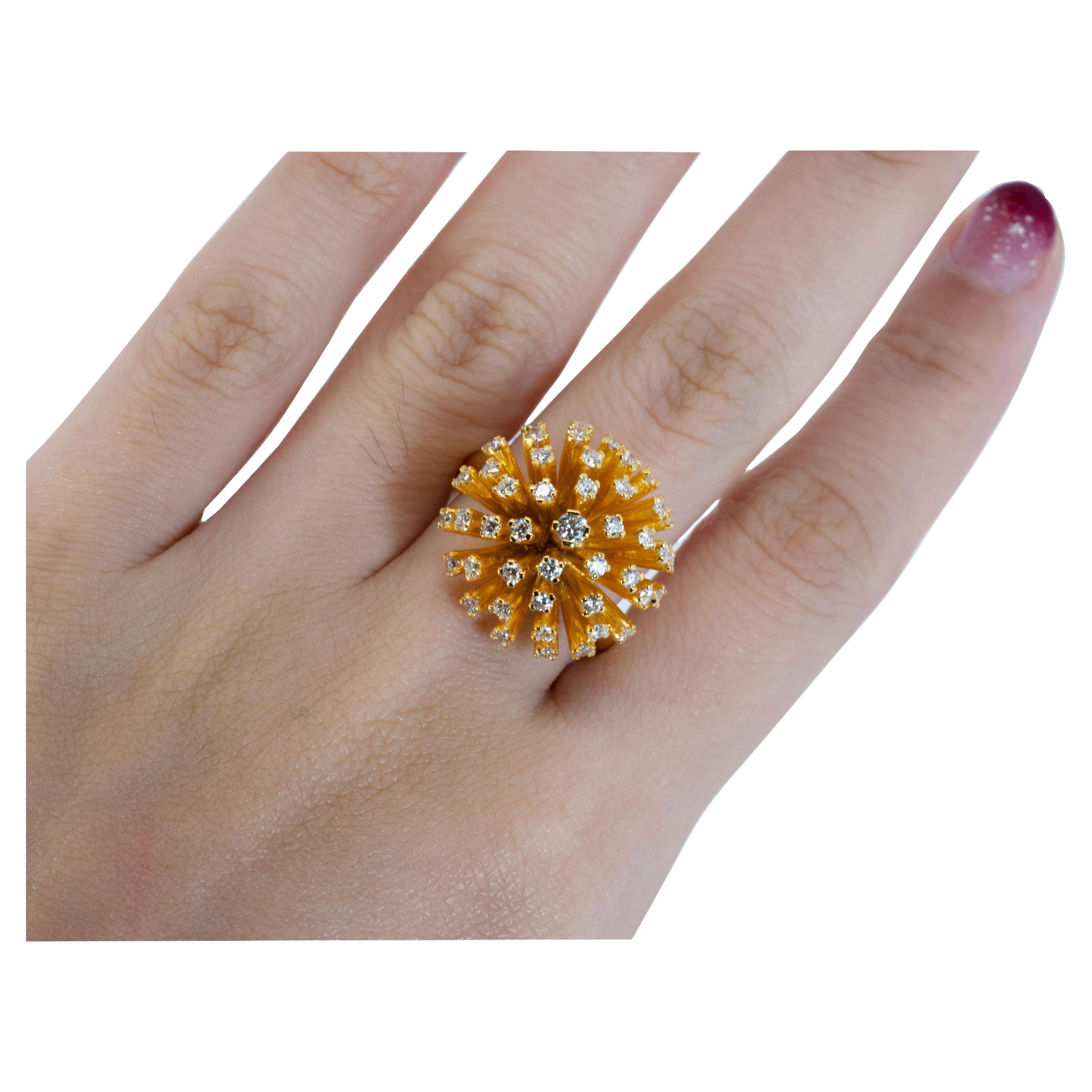 Beautiful Exploding Flower Styled Ring made from 18K Yellow Gold with a Total of 1.41 Carat Round Brilliant Cut Diamonds. This ring comes with an IGI certificate.

-47 diamond main stones of 0.03 ct. each, total: 1.41 ct. 
cut: round