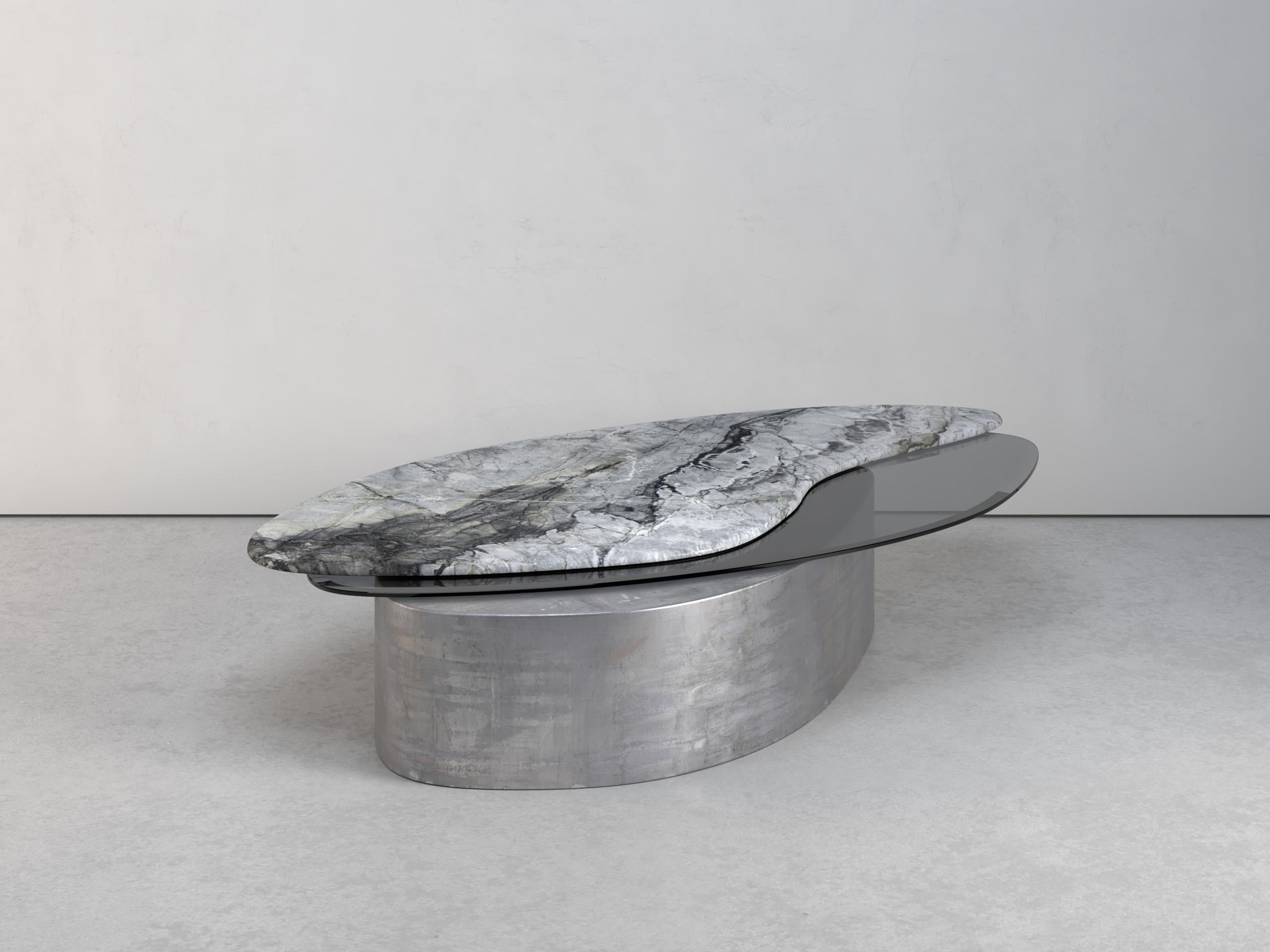 Pierre Table basse Explore II en pierre, acier et verre en édition limitée de Grzegorz Majka en vente