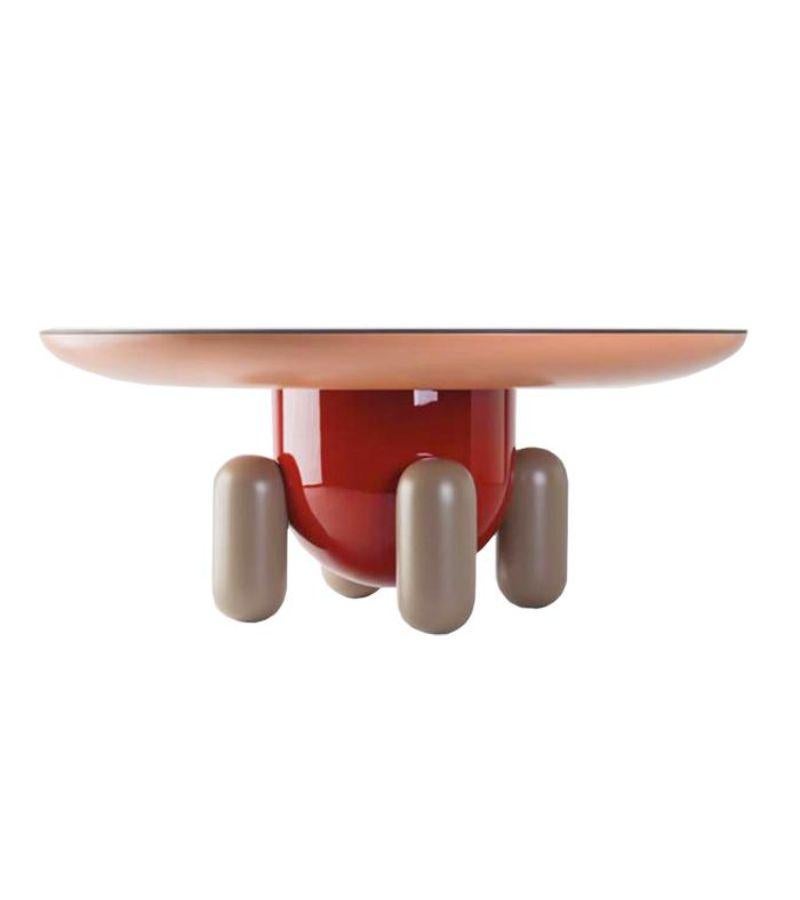 Explorer 3 side table by Jaime Hayon
Dimensions: Diameter 100 x Height 42 cm 
Materials: Lacquered fiberglass body. Solid turned wooden legs and lacquered. Painted glass tabletop.
Available in sizes Explorer 1 (Diameter 40 cm) and Explorer 2