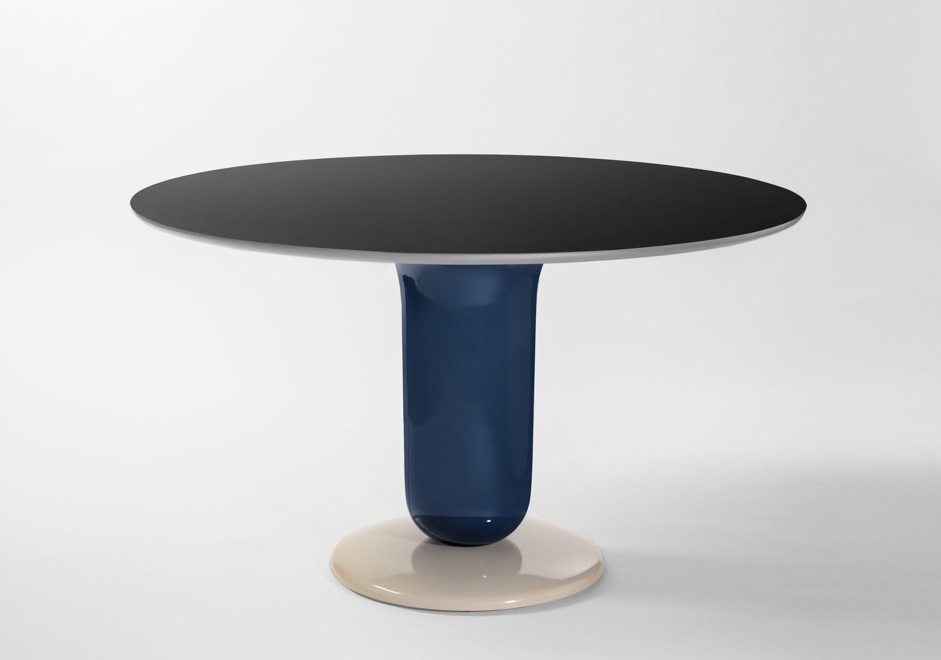 Explorer 4 dining table by Jaime Hayon
Dimensions: Diameter 130 x Height 74 cm 
Materials: Lacquered fiberglass body. Solid turned wooden legs and lacquered. Painted glass tabletop.
Available in sizes Explorer 5A (Diameter 190 cm) and Explorer 5B