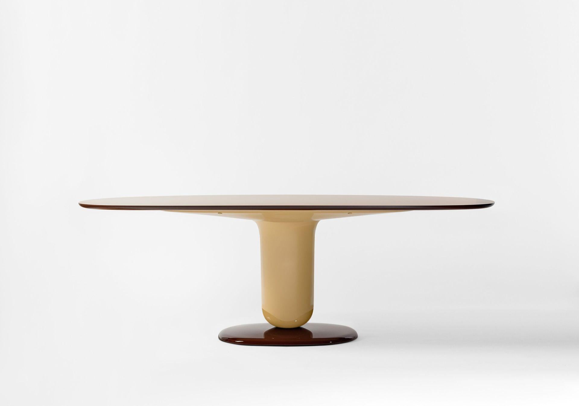 Explorer 5B dining table by Jaime Hayon
Dimensions: D 100 x W 220 x H 74 cm 
Materials: Lacquered fiberglass body. Solid turned wooden legs and lacquered. Painted glass tabletop.
Available in sizes Explorer 4 (Diameter 130 cm) and Explorer 5A