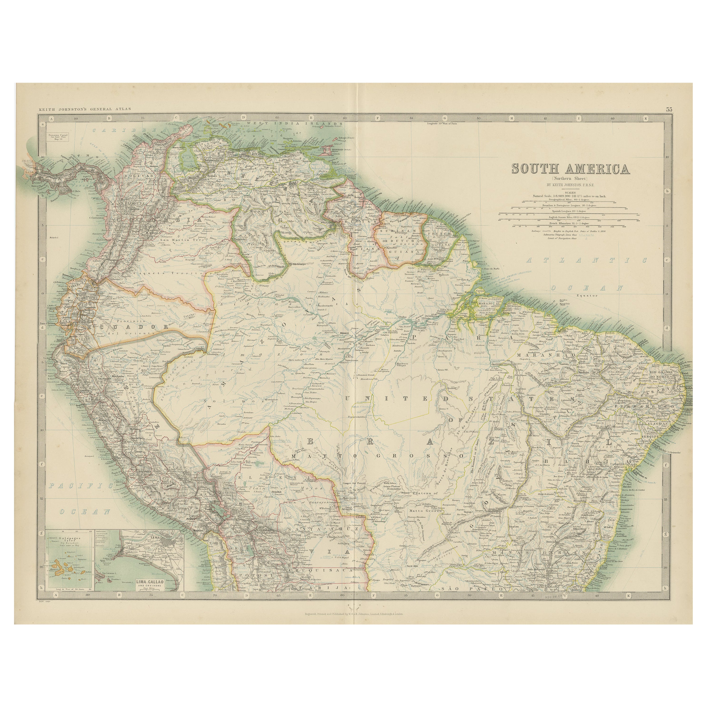 Exploration du Nord de l'Amérique du Sud : carte ancienne du Royal Atlas de 1909
