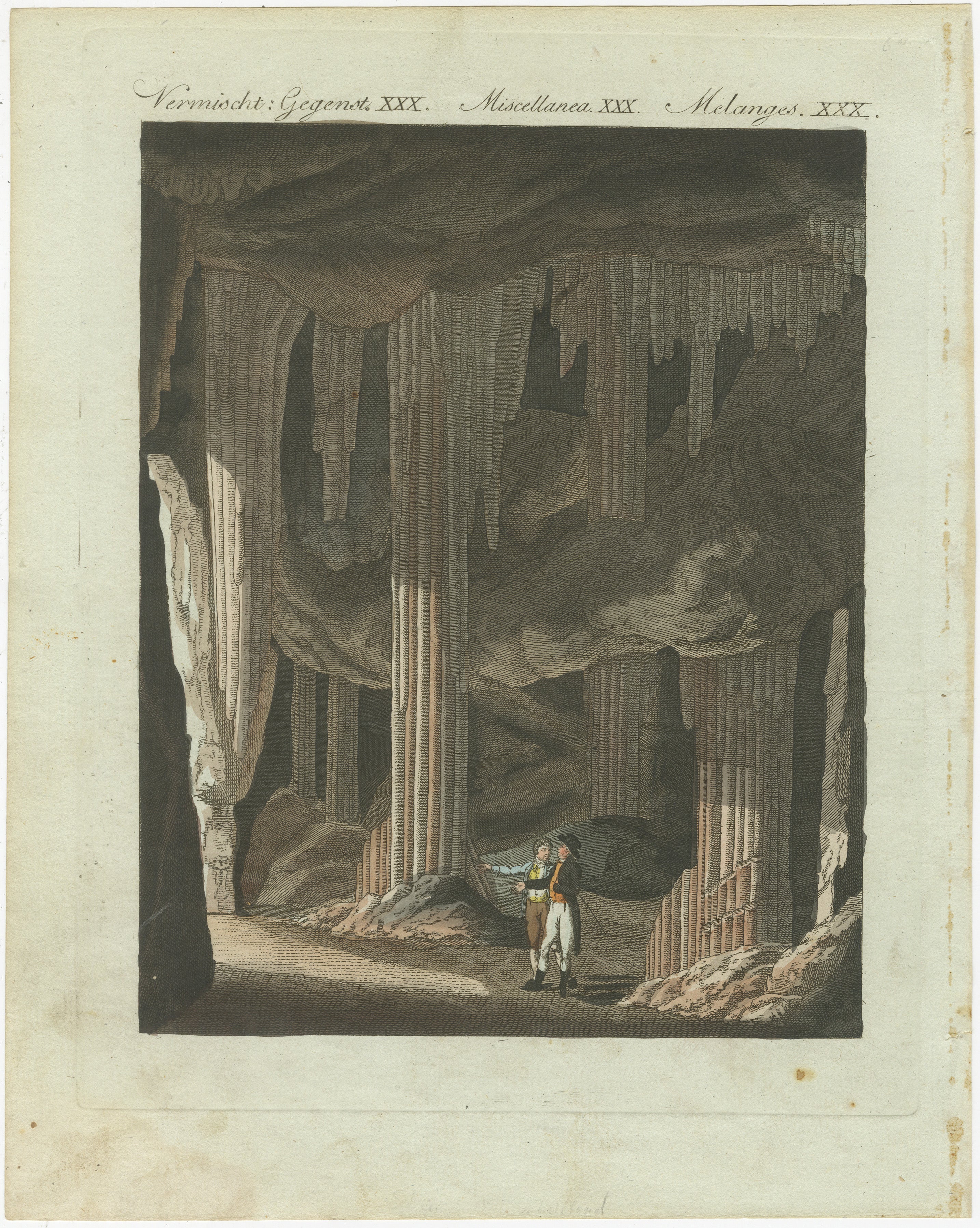 Ein handkolorierter Kupferstich, der eine Tropfsteinhöhle bei Slains in Schottland zeigt. Diese Illustration ist Teil des 