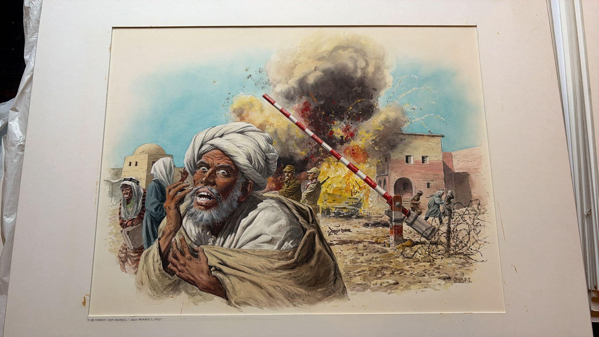 Explosion à la porte de la frontière par Charles Burki, 1970 - Illustration de guerre Gouache

Cette puissante gouache originale de Charles Burki (1909-1994), exécutée en 1970, capture un moment de terreur et de chaos dans un contexte de guerre au