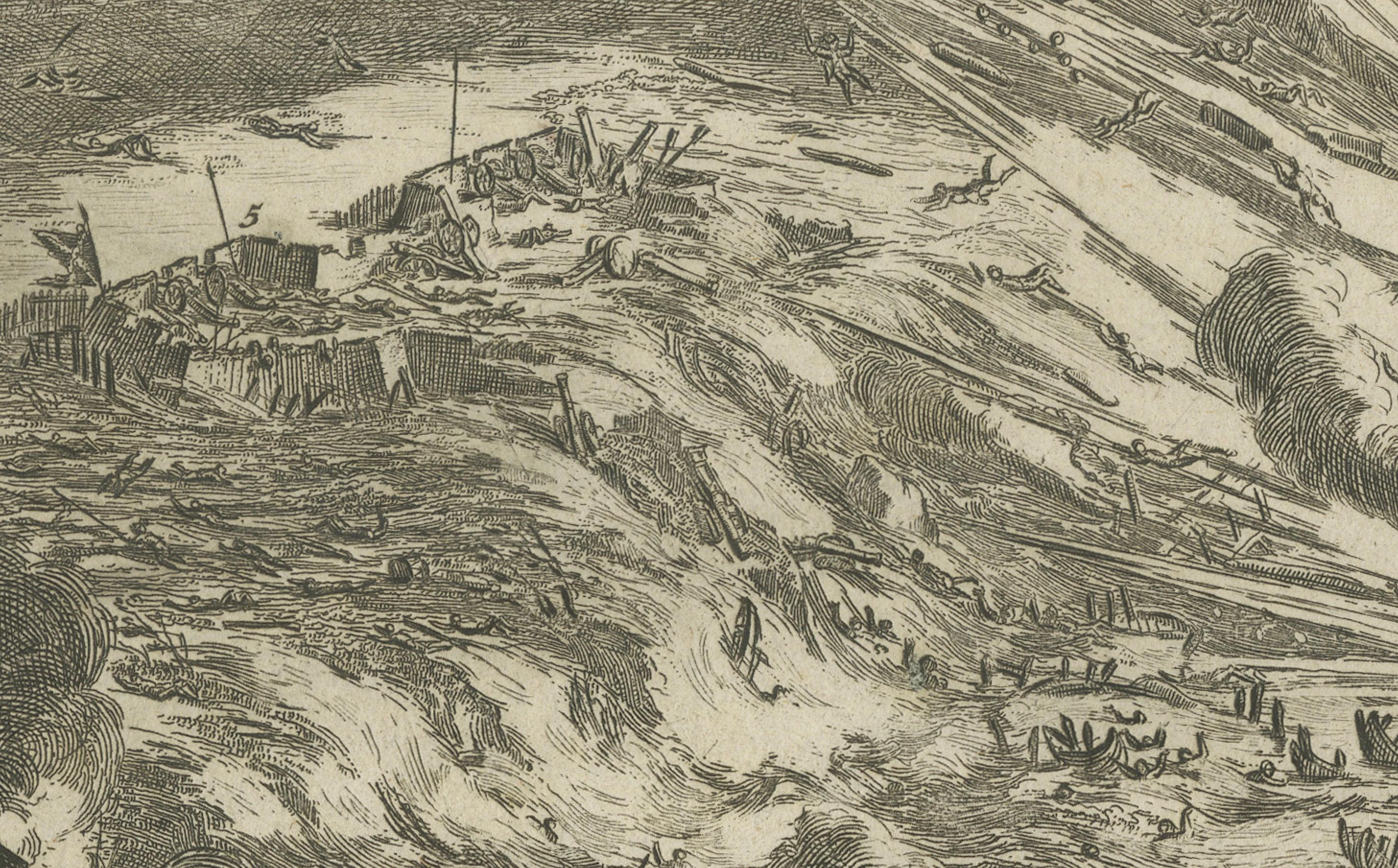 Titre :  L'explosion du pont sur l'Escaut pendant le siège d'Anvers (1585) par Coenraet Decker, publié en 1710

Description :  Cette eau-forte et gravure détaillée et dramatique de Coenraet Decker, datant du XVIIIe siècle, illustre la destruction