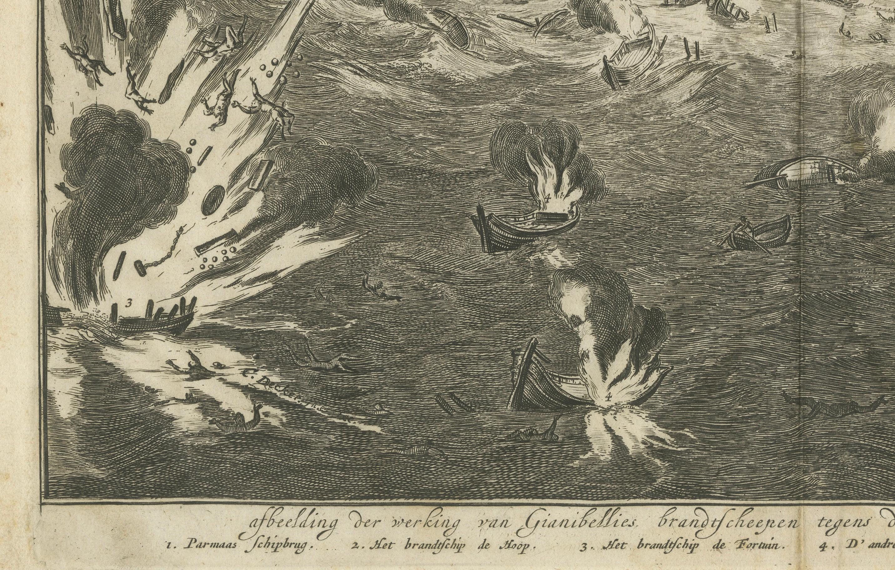 Gravé Explosion d'un pont de Pontoon à la Siege d'Anvers (1585) par Coenraet Decker en vente