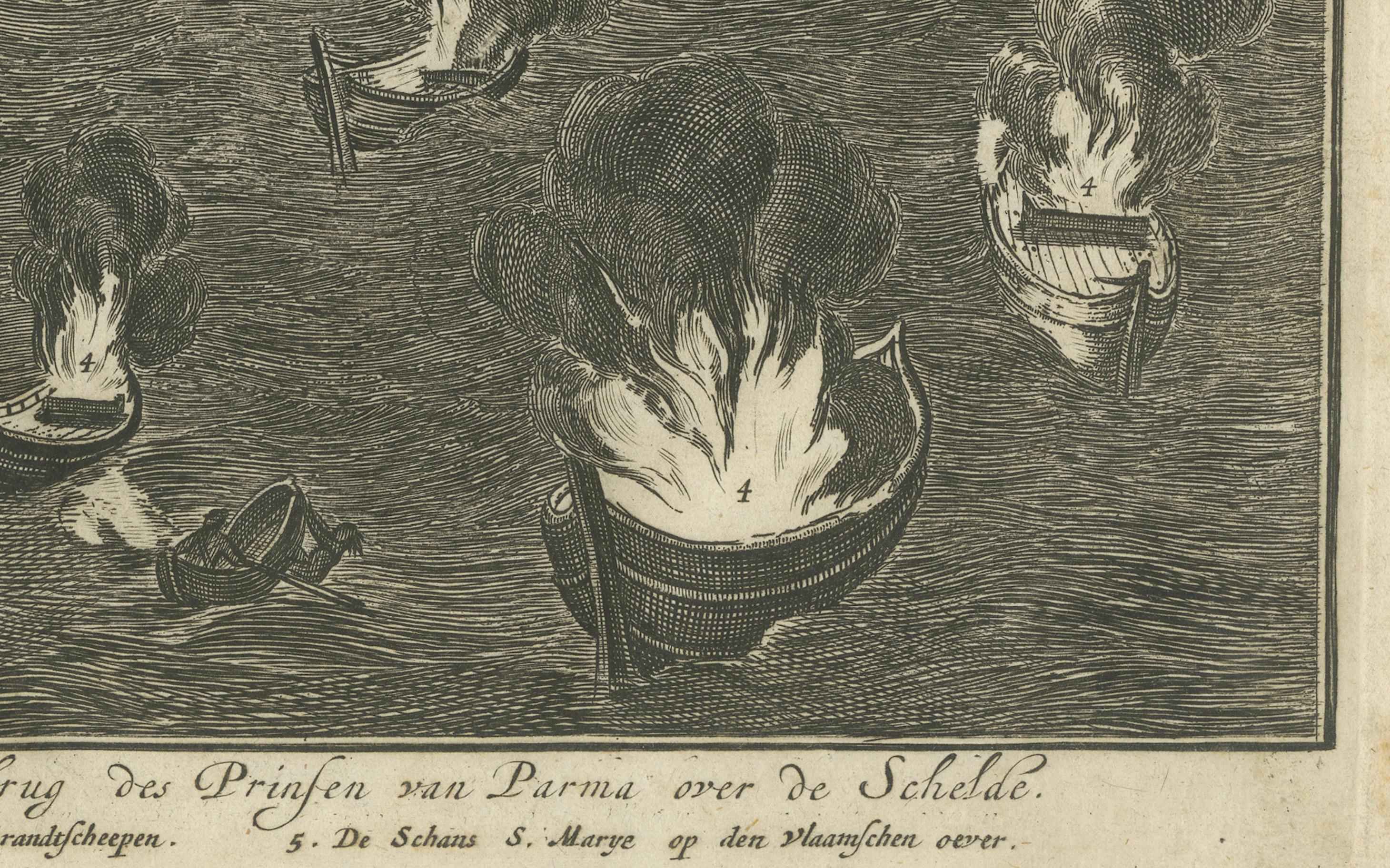 Explosion d'un pont de Pontoon à la Siege d'Anvers (1585) par Coenraet Decker Bon état - En vente à Langweer, NL