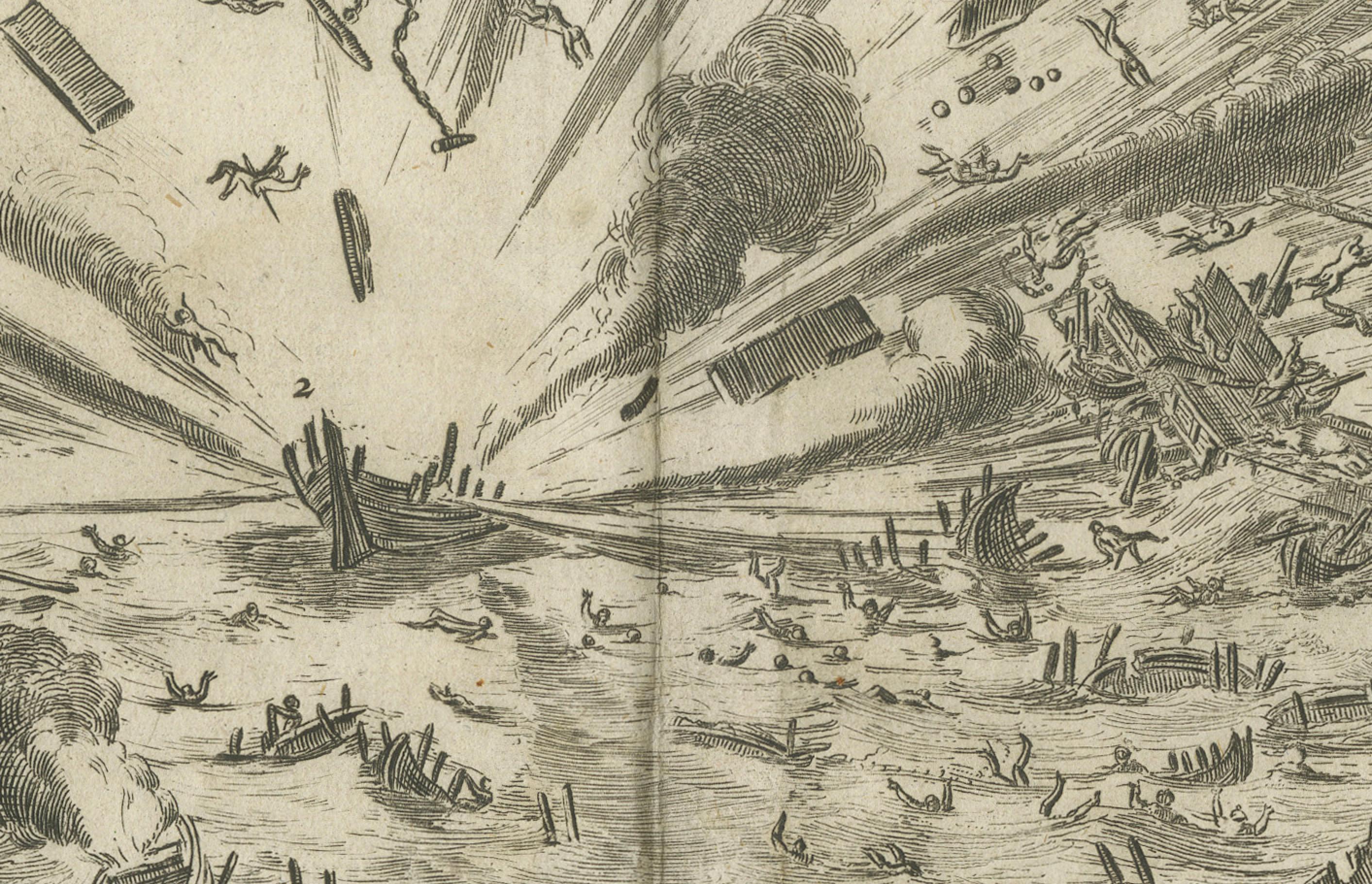 Début du XVIIIe siècle Explosion d'un pont de Pontoon à la Siege d'Anvers (1585) par Coenraet Decker en vente